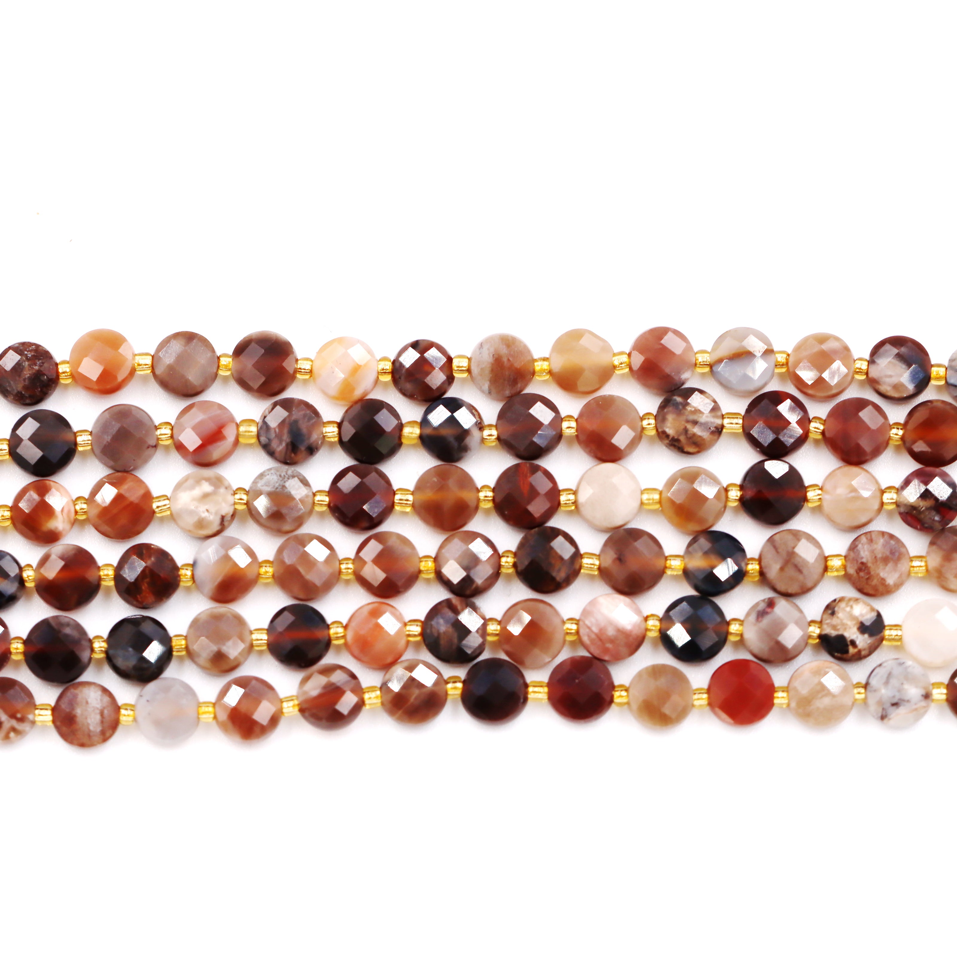 Malahill faceted flat round stone beads for jewelry making, sold per bag 5 strands inside, Petrified Wood beads