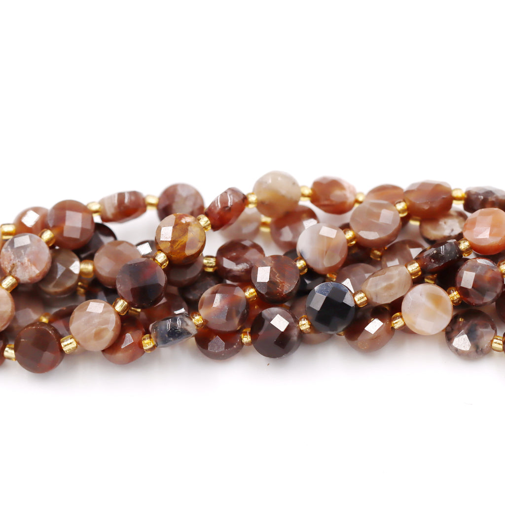 Malahill faceted flat round stone beads for jewelry making, sold per bag 5 strands inside, Petrified Wood beads