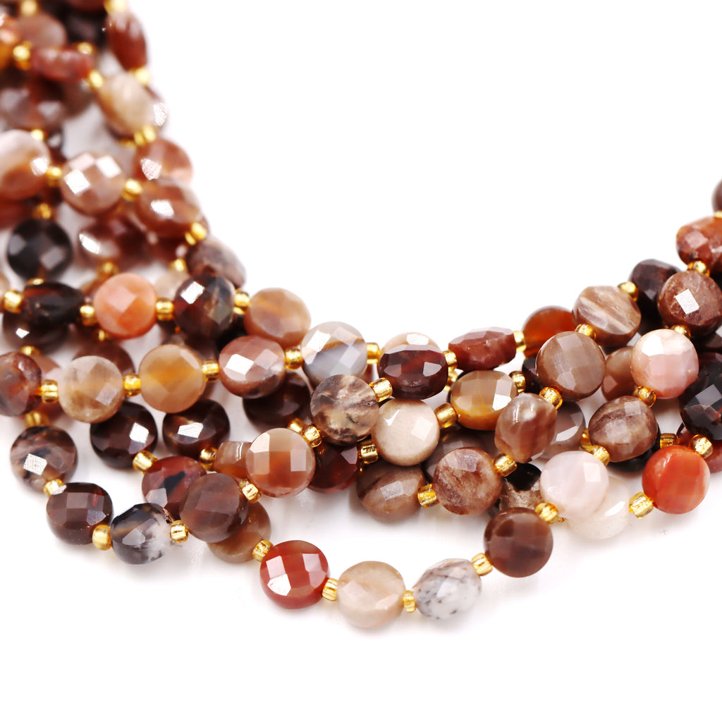 Malahill faceted flat round stone beads for jewelry making, sold per bag 5 strands inside, Petrified Wood beads