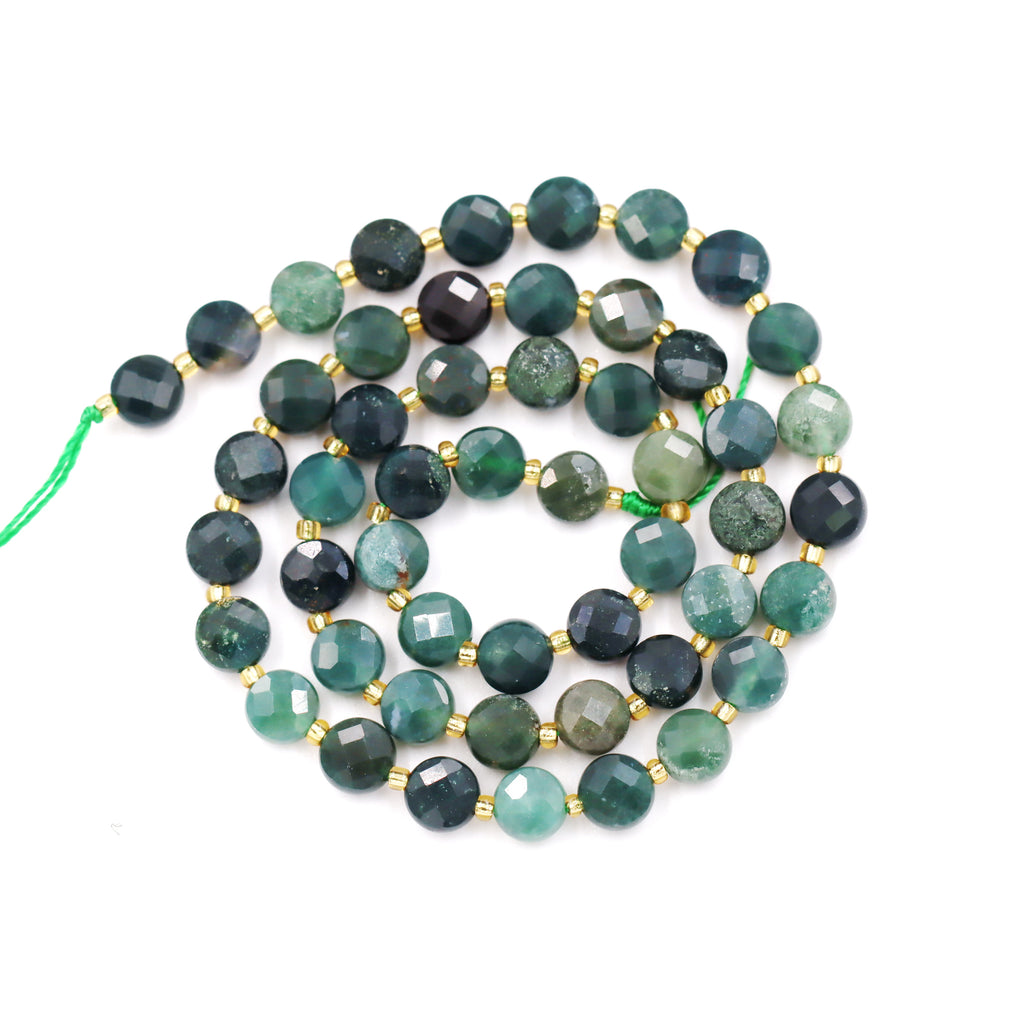 Malahill faceted flat round stone beads for jewelry making, sold per bag 5 strands inside, Moss Agate beads