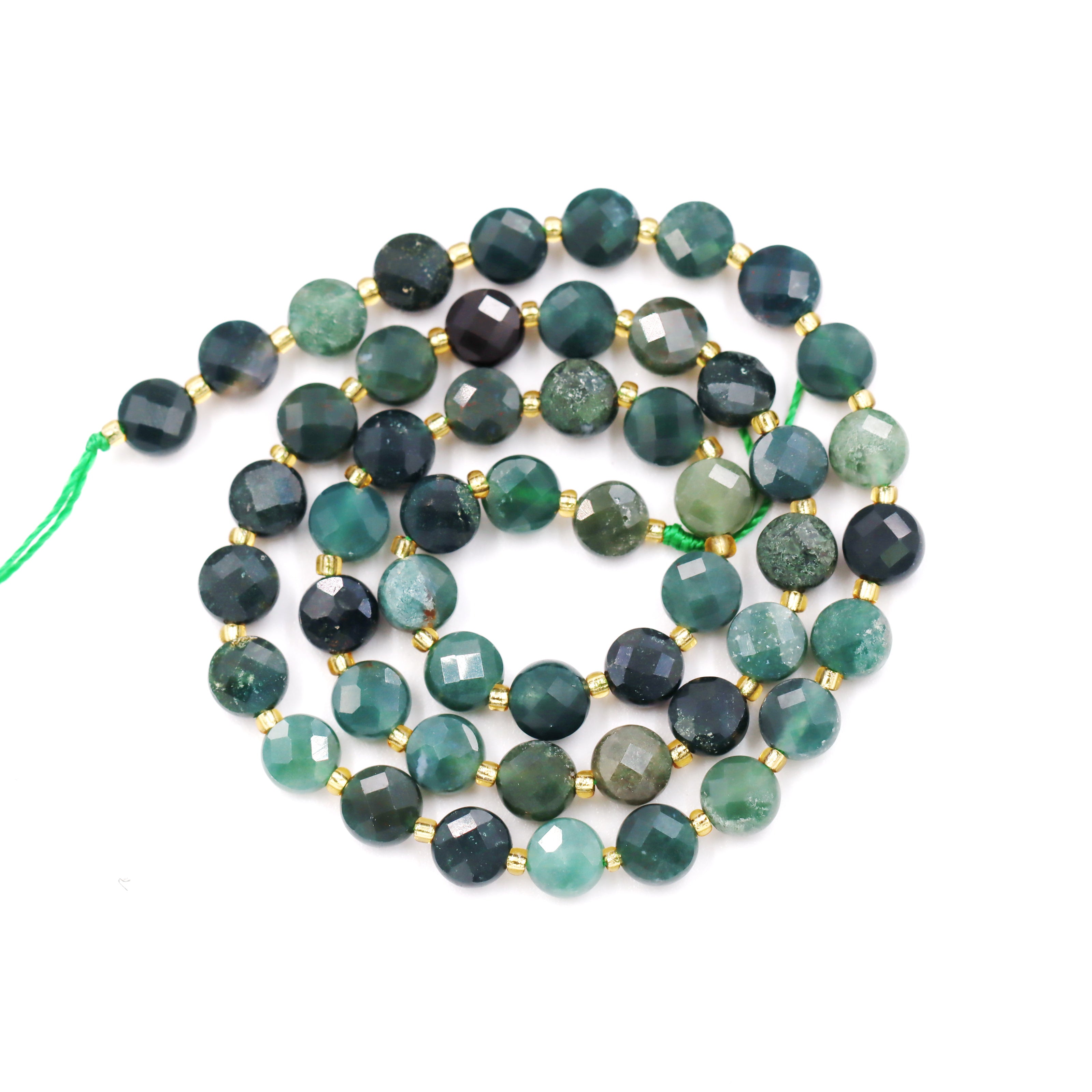 Malahill faceted flat round stone beads for jewelry making, sold per bag 5 strands inside, Moss Agate beads