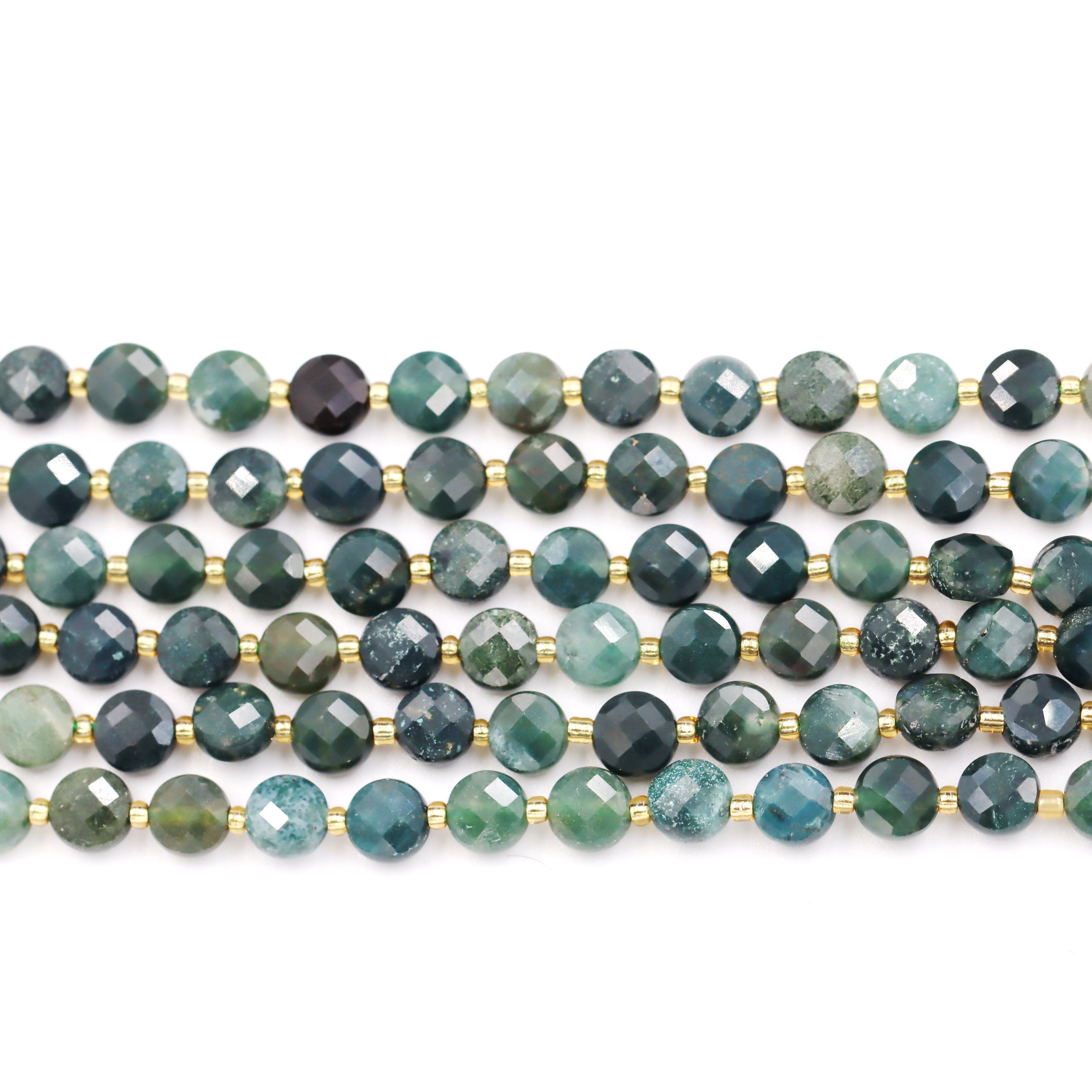 Malahill faceted flat round stone beads for jewelry making, sold per bag 5 strands inside, Moss Agate beads