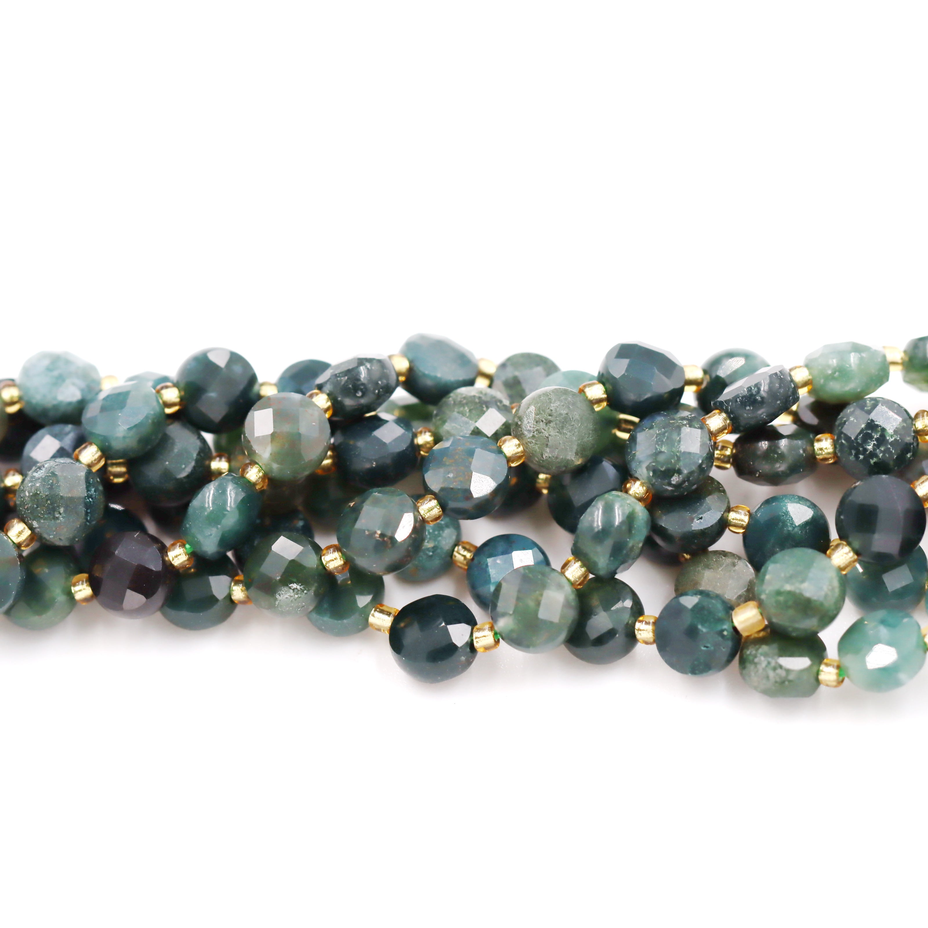 Malahill faceted flat round stone beads for jewelry making, sold per bag 5 strands inside, Moss Agate beads