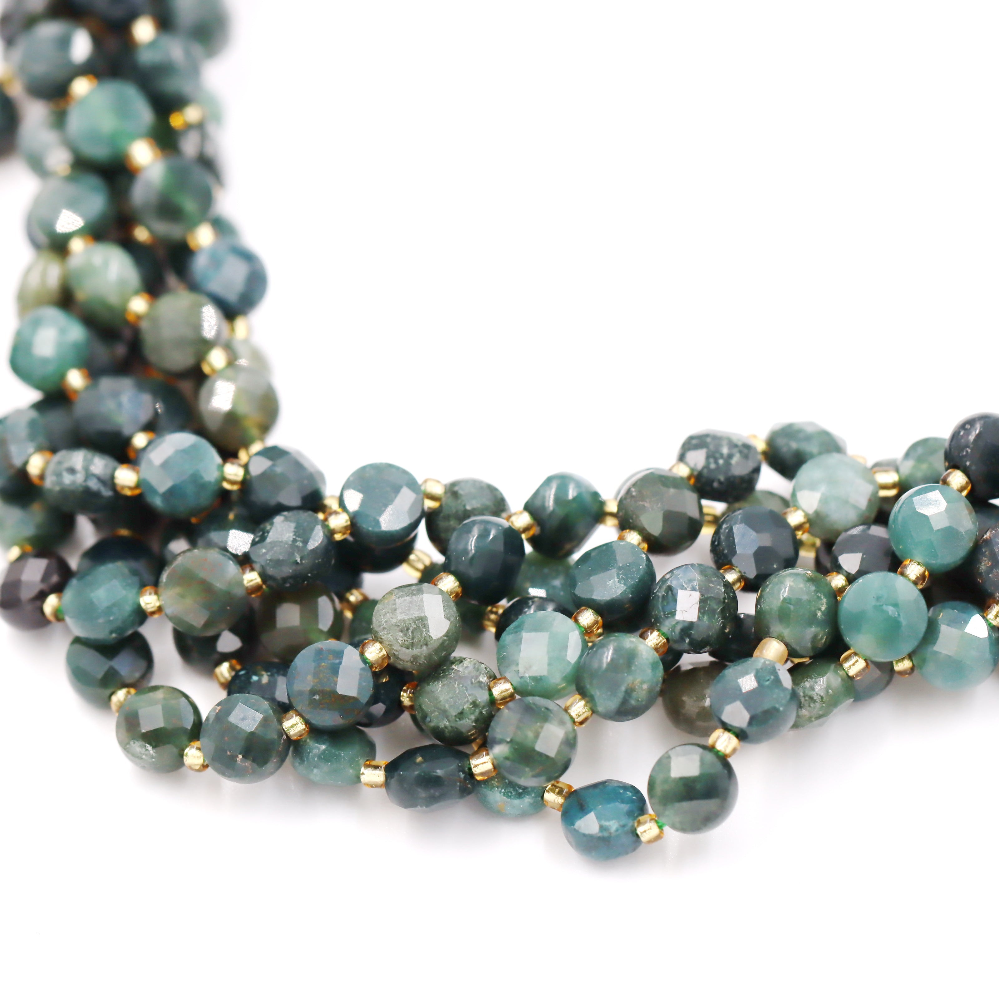 Malahill faceted flat round stone beads for jewelry making, sold per bag 5 strands inside, Moss Agate beads