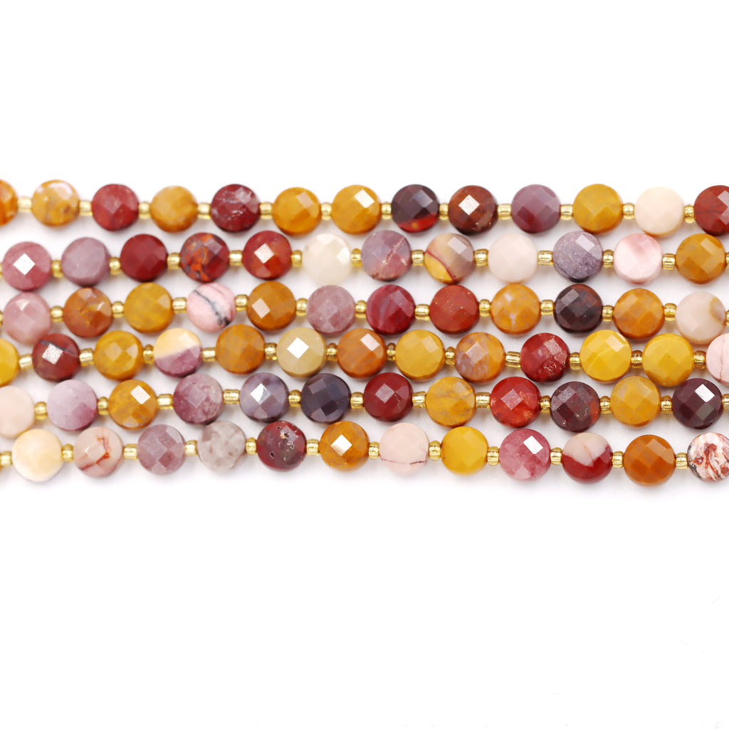Malahill faceted flat round stone beads for jewelry making, sold per bag 5 strands inside, Mookaite beads