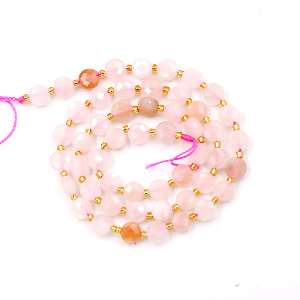 Malahill faceted flat round stone beads for jewelry making, sold per bag 5 strands inside, Rose Quartz beads