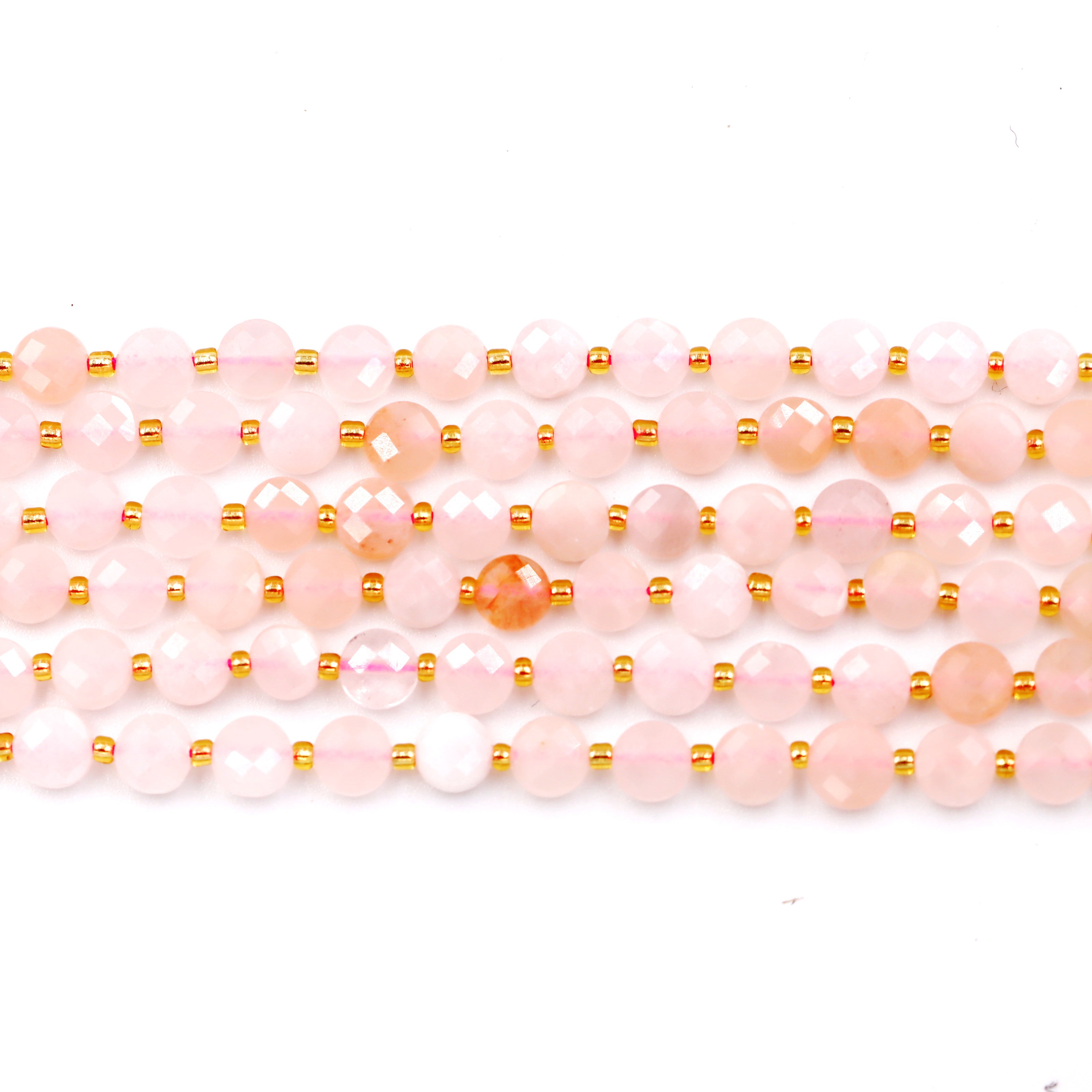 Malahill faceted flat round stone beads for jewelry making, sold per bag 5 strands inside, Rose Quartz beads