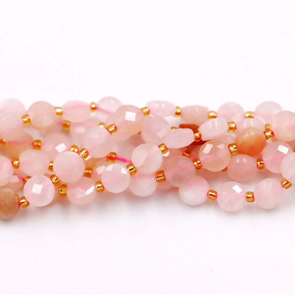 Malahill faceted flat round stone beads for jewelry making, sold per bag 5 strands inside, Rose Quartz beads