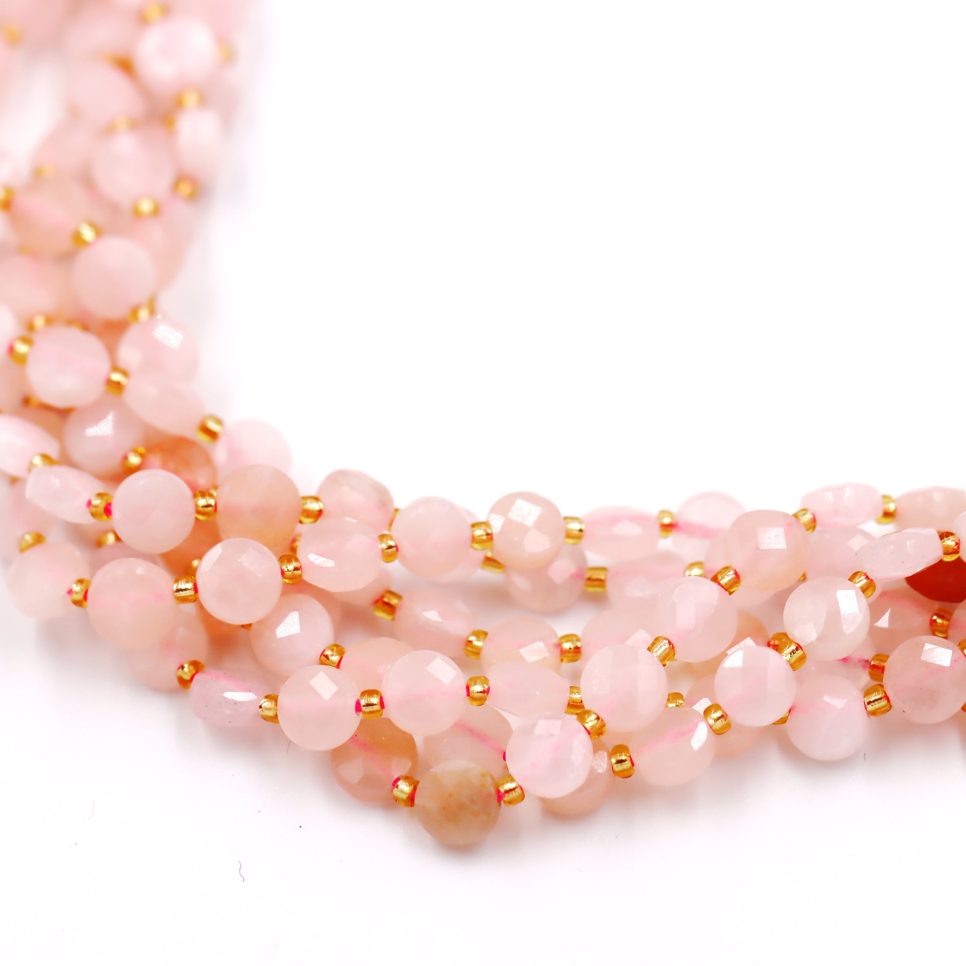 Malahill faceted flat round stone beads for jewelry making, sold per bag 5 strands inside, Rose Quartz beads
