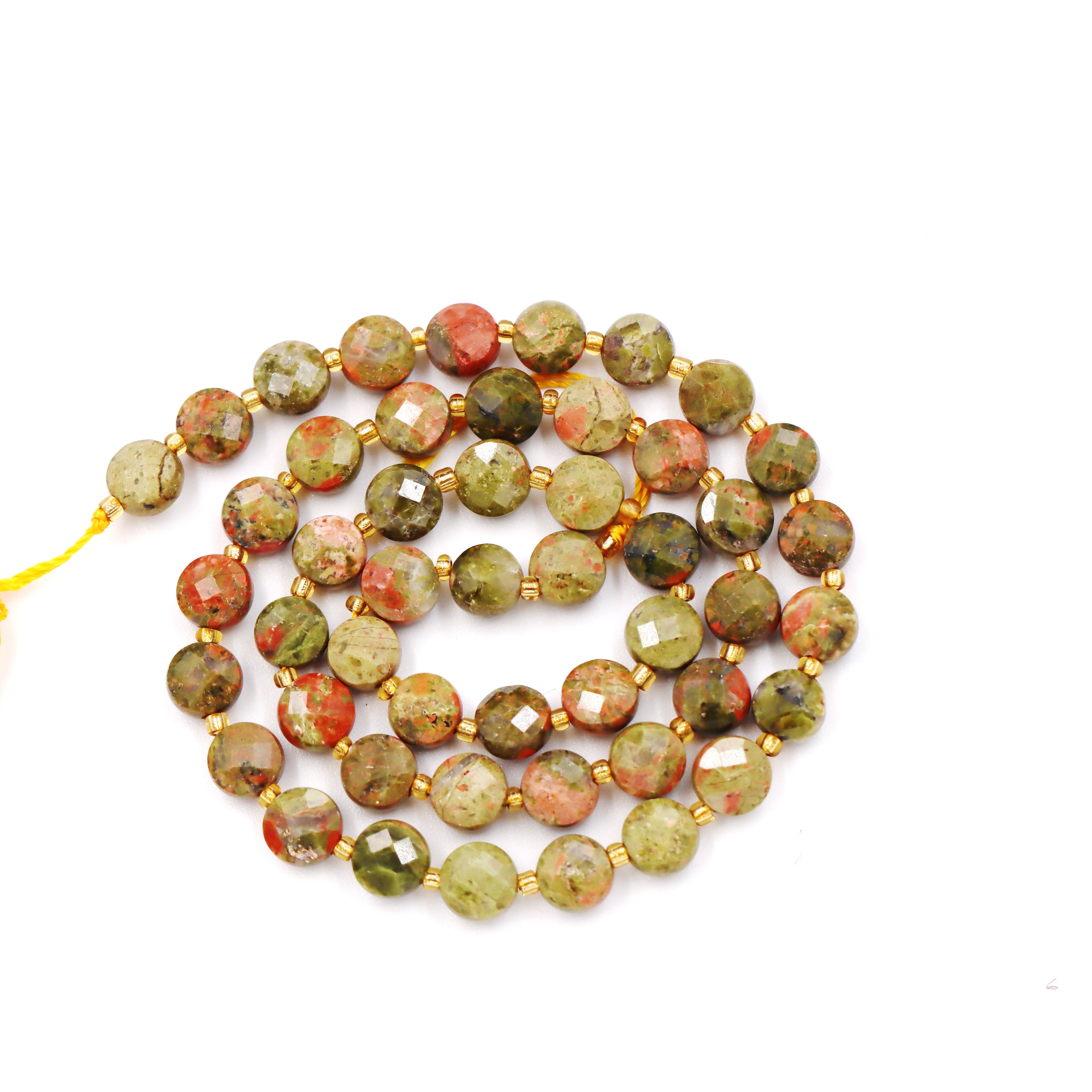 Malahill faceted flat round stone beads for jewelry making, sold per bag 5 strands inside, Unakite beads