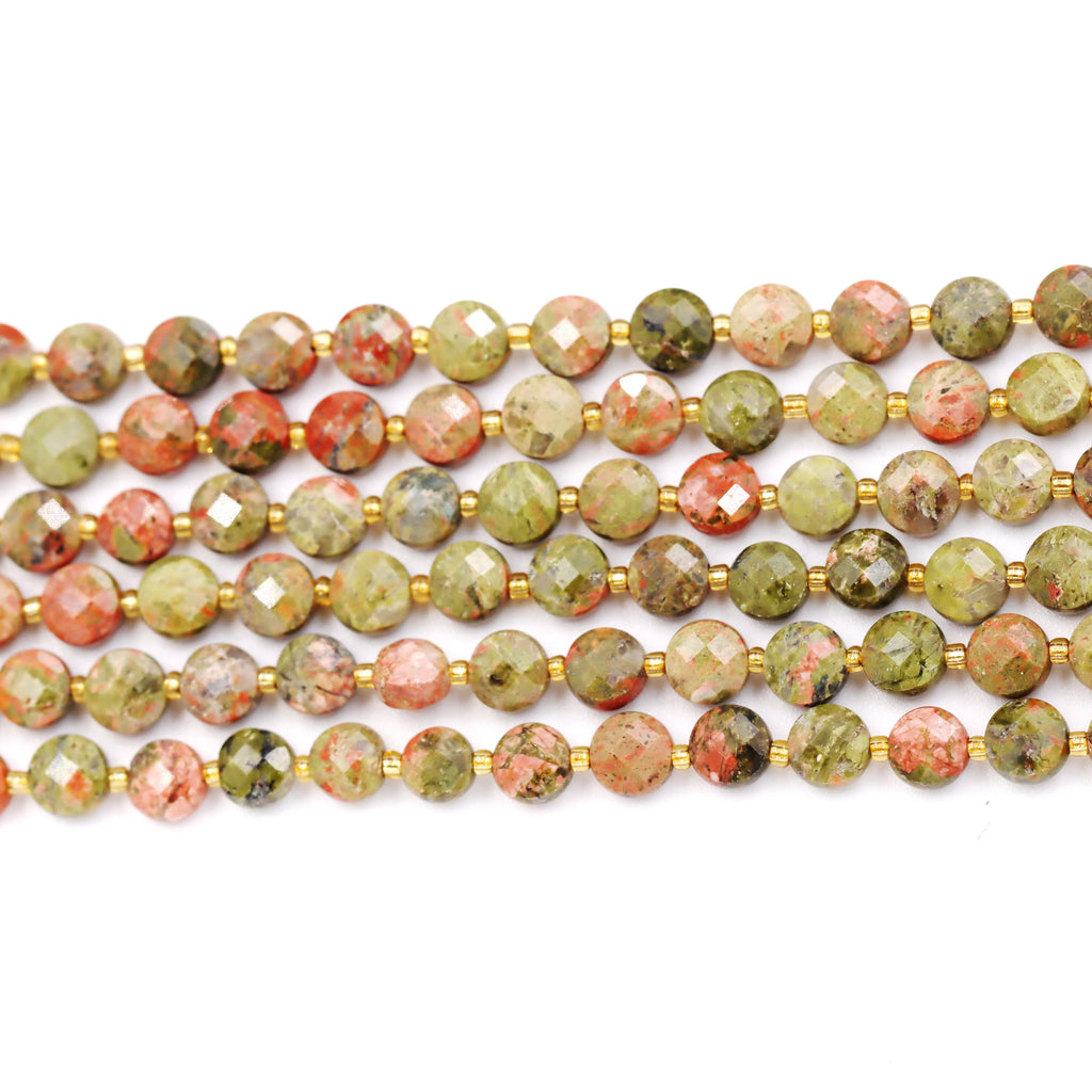 Malahill faceted flat round stone beads for jewelry making, sold per bag 5 strands inside, Unakite beads