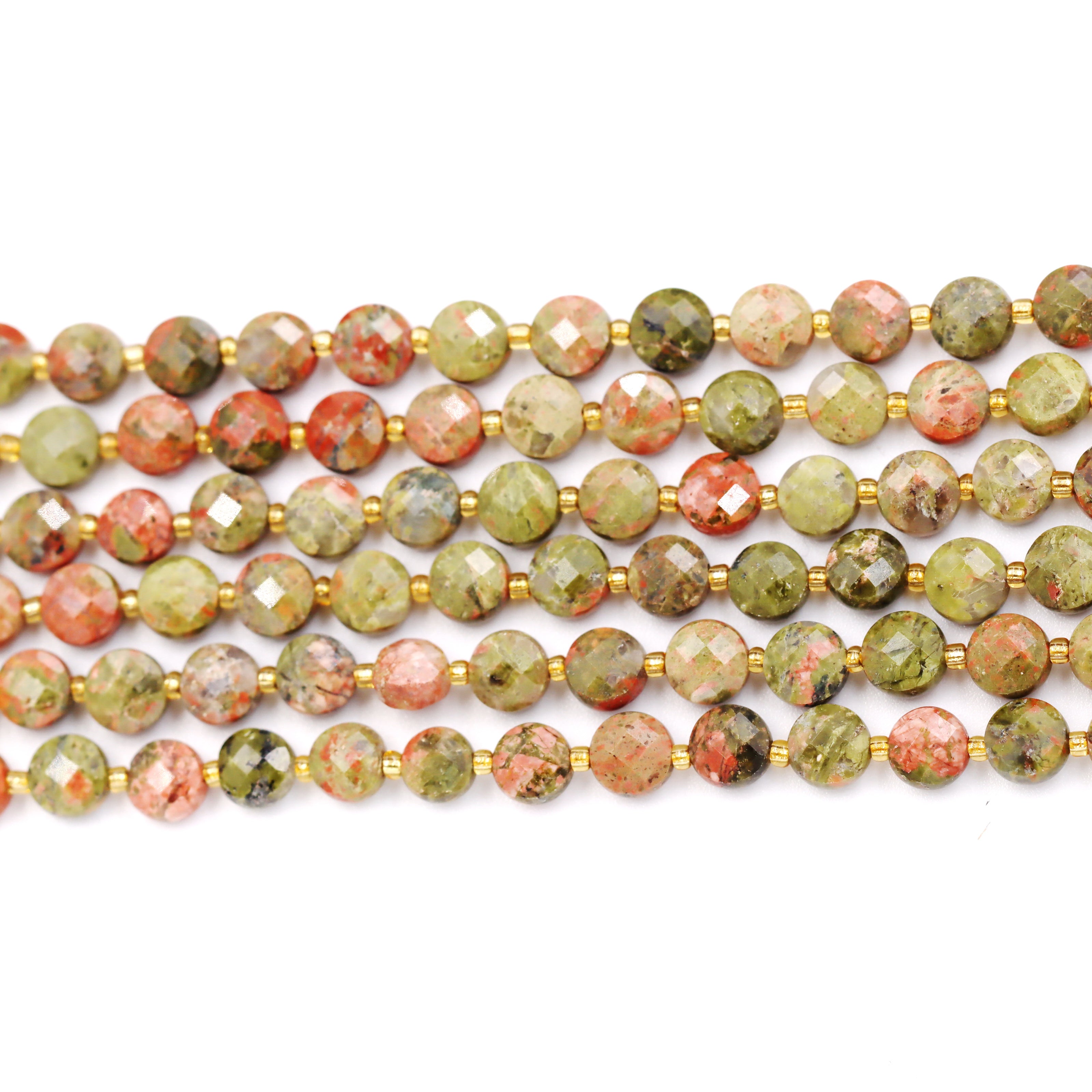 Malahill faceted flat round stone beads for jewelry making, sold per bag 5 strands inside, Unakite beads