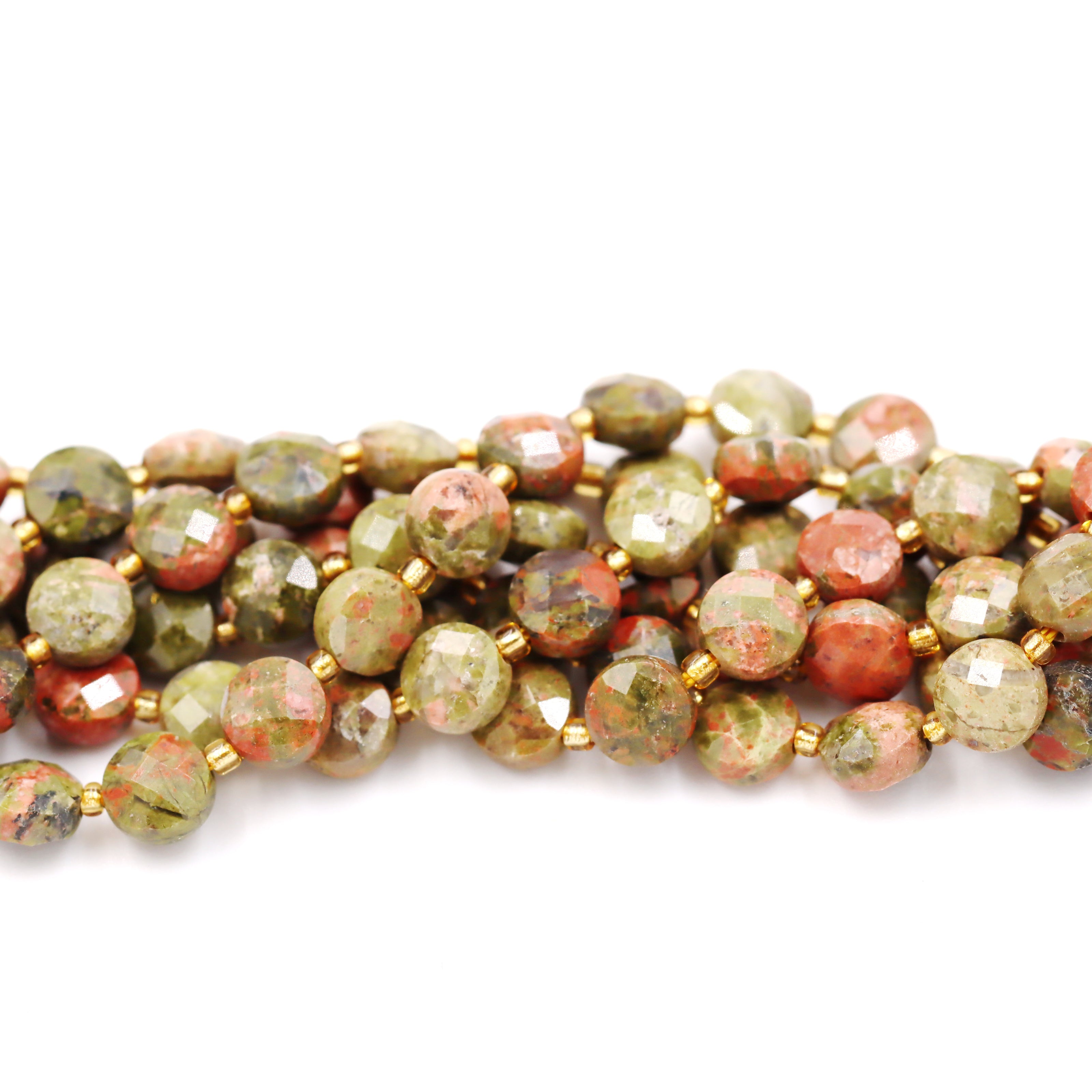 Malahill faceted flat round stone beads for jewelry making, sold per bag 5 strands inside, Unakite beads