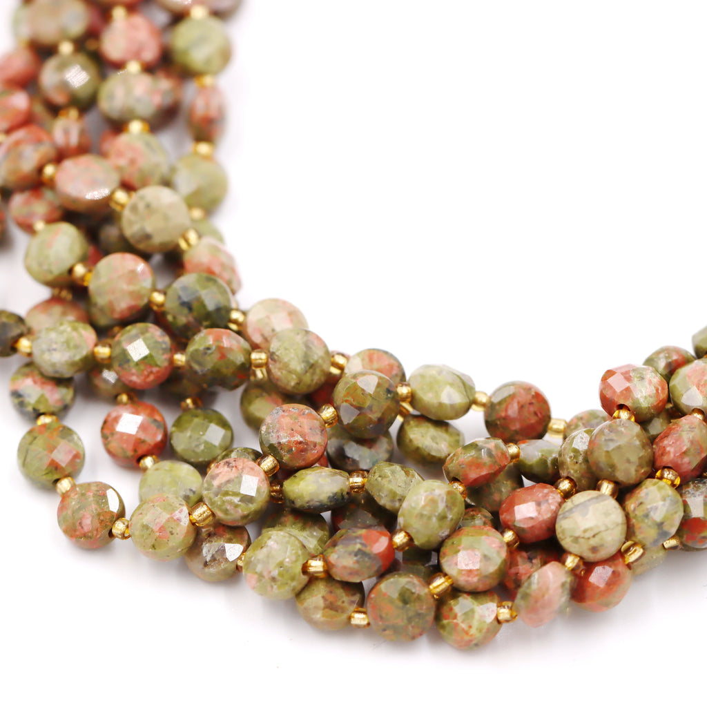 Malahill faceted flat round stone beads for jewelry making, sold per bag 5 strands inside, Unakite beads