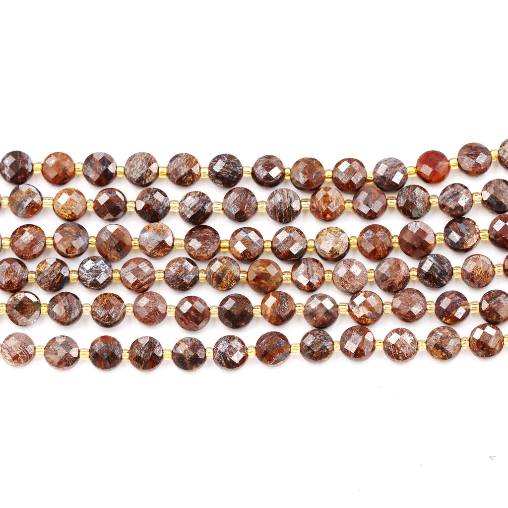 Malahill faceted flat round stone beads for jewelry making, sold per bag 5 strands inside, Bronzite beads