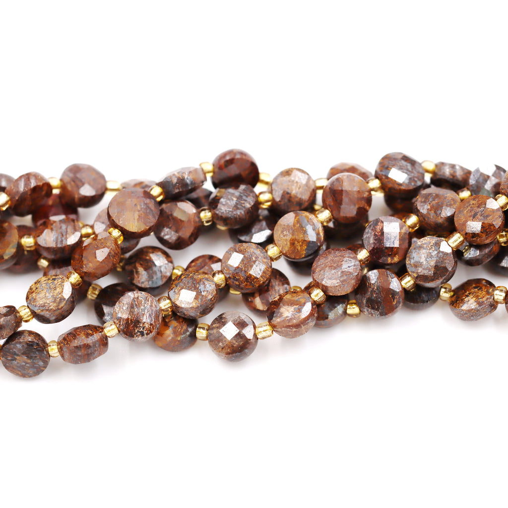 Malahill faceted flat round stone beads for jewelry making, sold per bag 5 strands inside, Bronzite beads