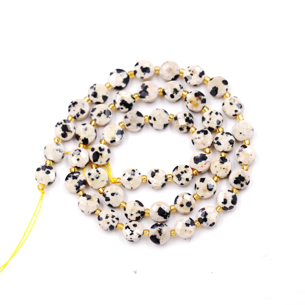Malahill faceted flat round stone beads for jewelry making, sold per bag 5 strands inside, Dalmatian beads