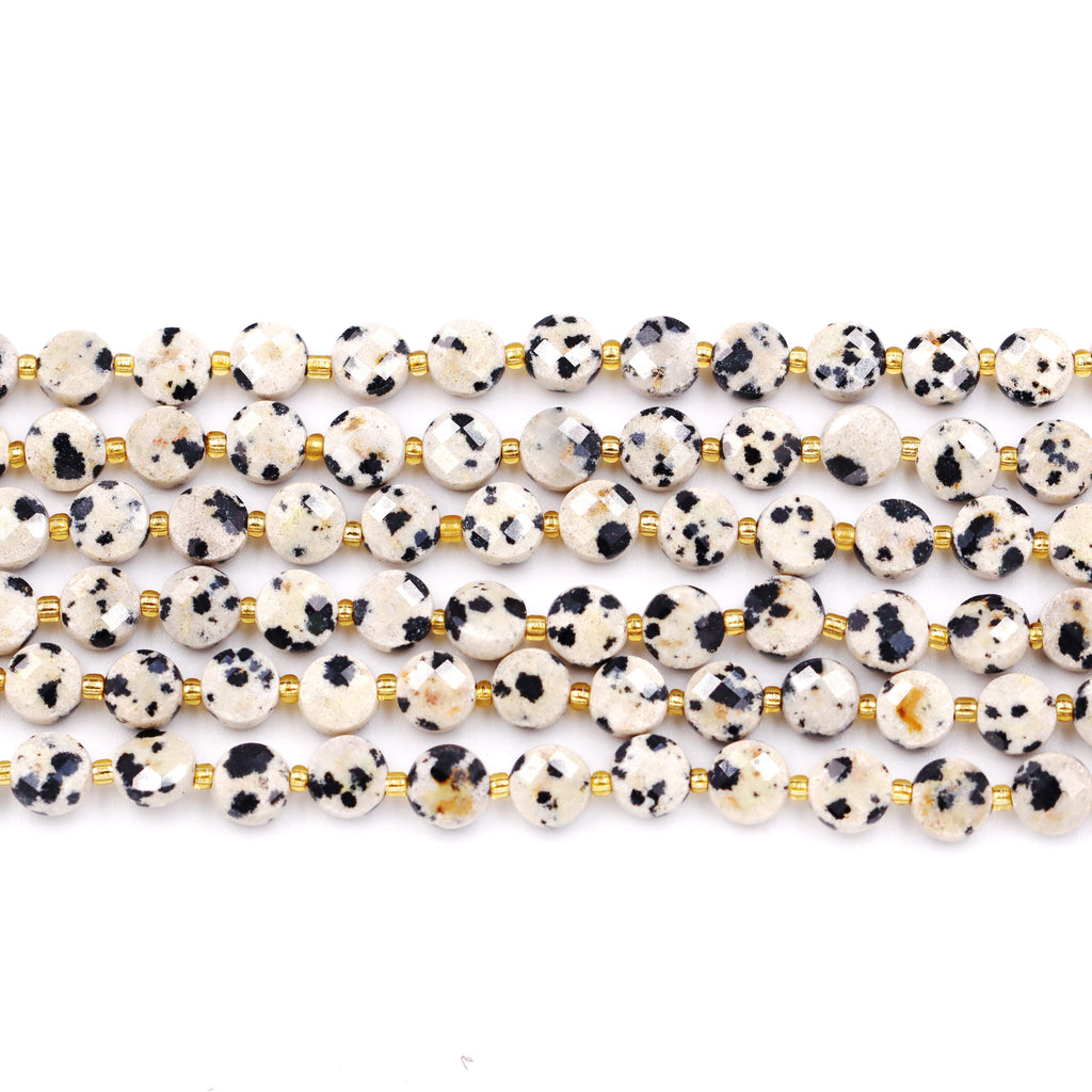 Malahill faceted flat round stone beads for jewelry making, sold per bag 5 strands inside, Dalmatian beads