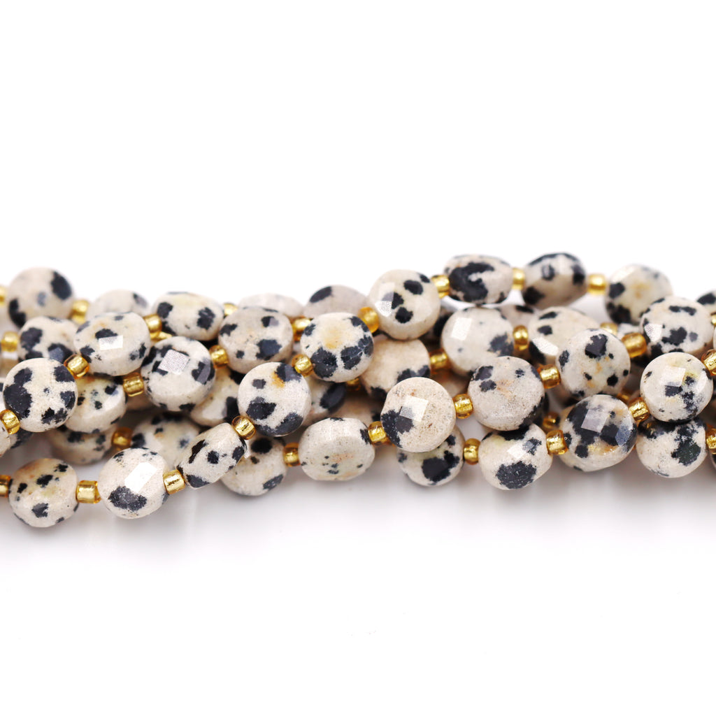 Malahill faceted flat round stone beads for jewelry making, sold per bag 5 strands inside, Dalmatian beads