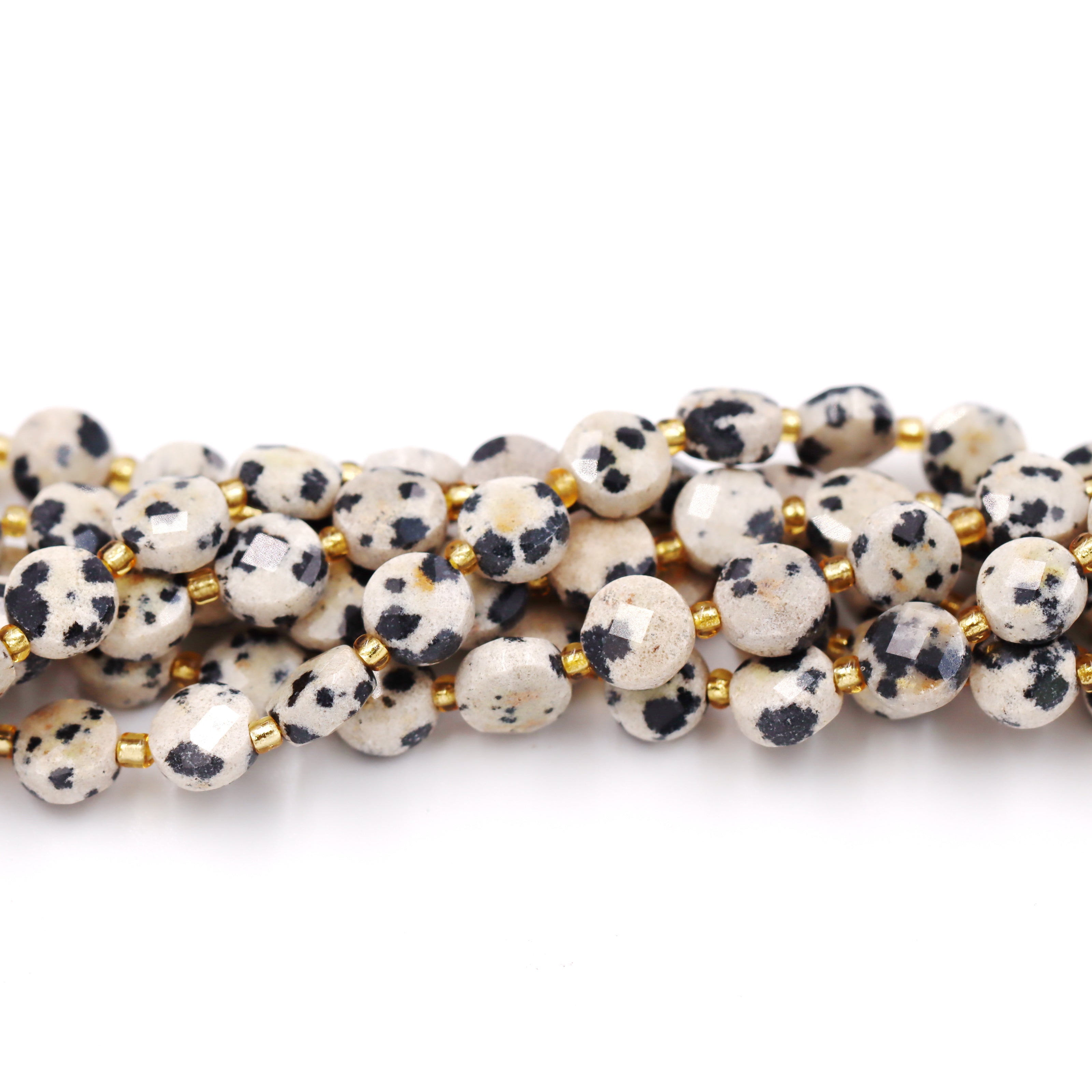 Malahill faceted flat round stone beads for jewelry making, sold per bag 5 strands inside, Dalmatian beads
