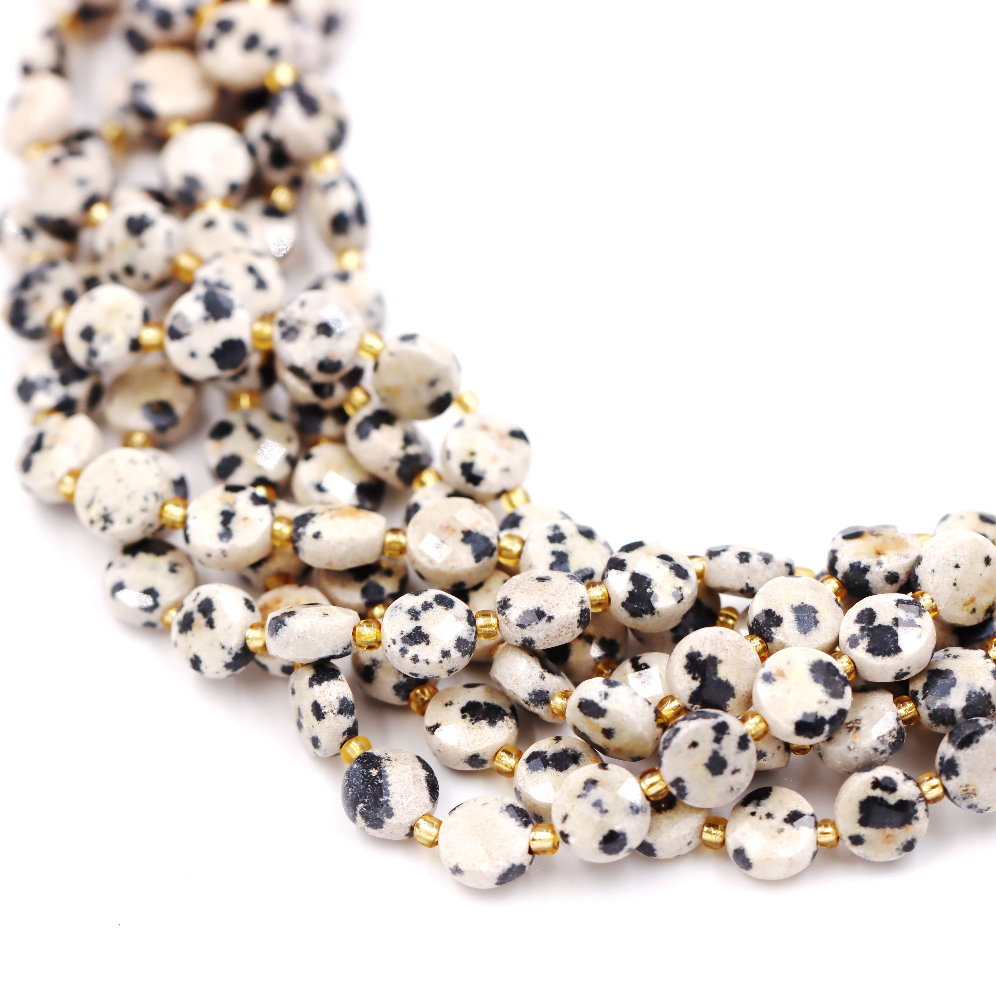 Malahill faceted flat round stone beads for jewelry making, sold per bag 5 strands inside, Dalmatian beads