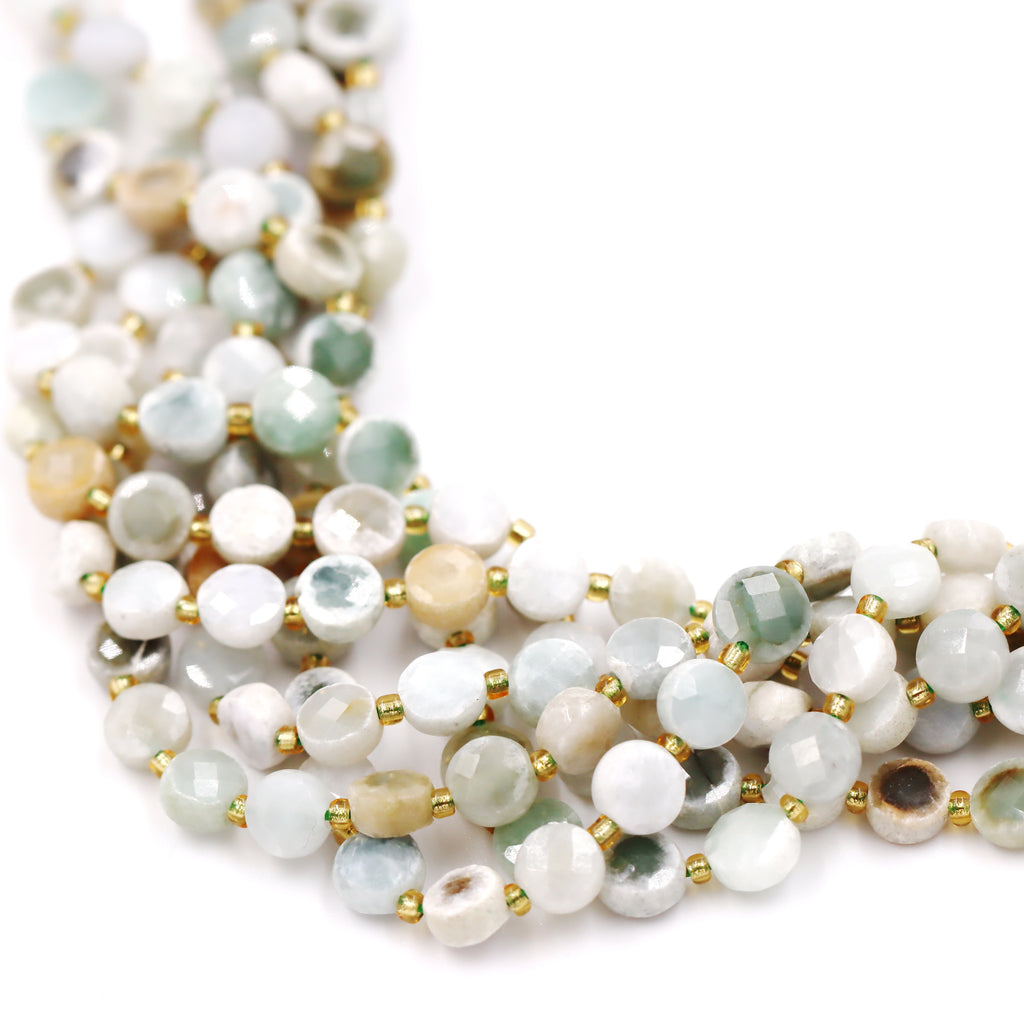 Malahill faceted flat round stone beads for jewelry making, sold per bag 5 strands inside, Burma Jade beads