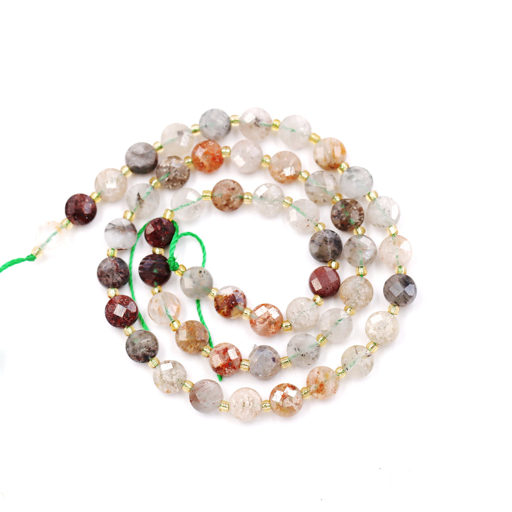 Malahill faceted flat round stone beads for jewelry making, sold per bag 5 strands inside, Phantom Quartz beads