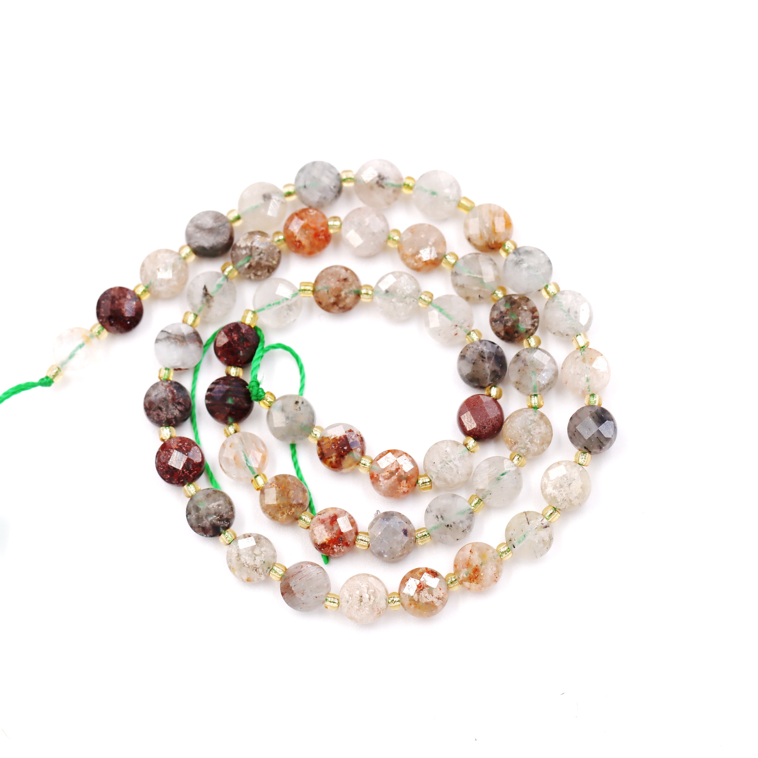 Malahill faceted flat round stone beads for jewelry making, sold per bag 5 strands inside, Phantom Quartz beads