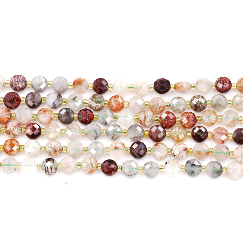 Malahill faceted flat round stone beads for jewelry making, sold per bag 5 strands inside, Phantom Quartz beads