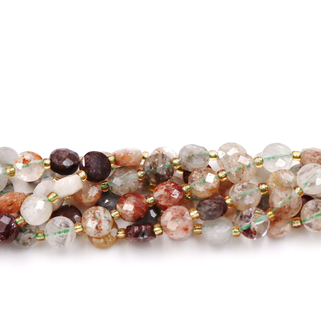 Malahill faceted flat round stone beads for jewelry making, sold per bag 5 strands inside, Phantom Quartz beads