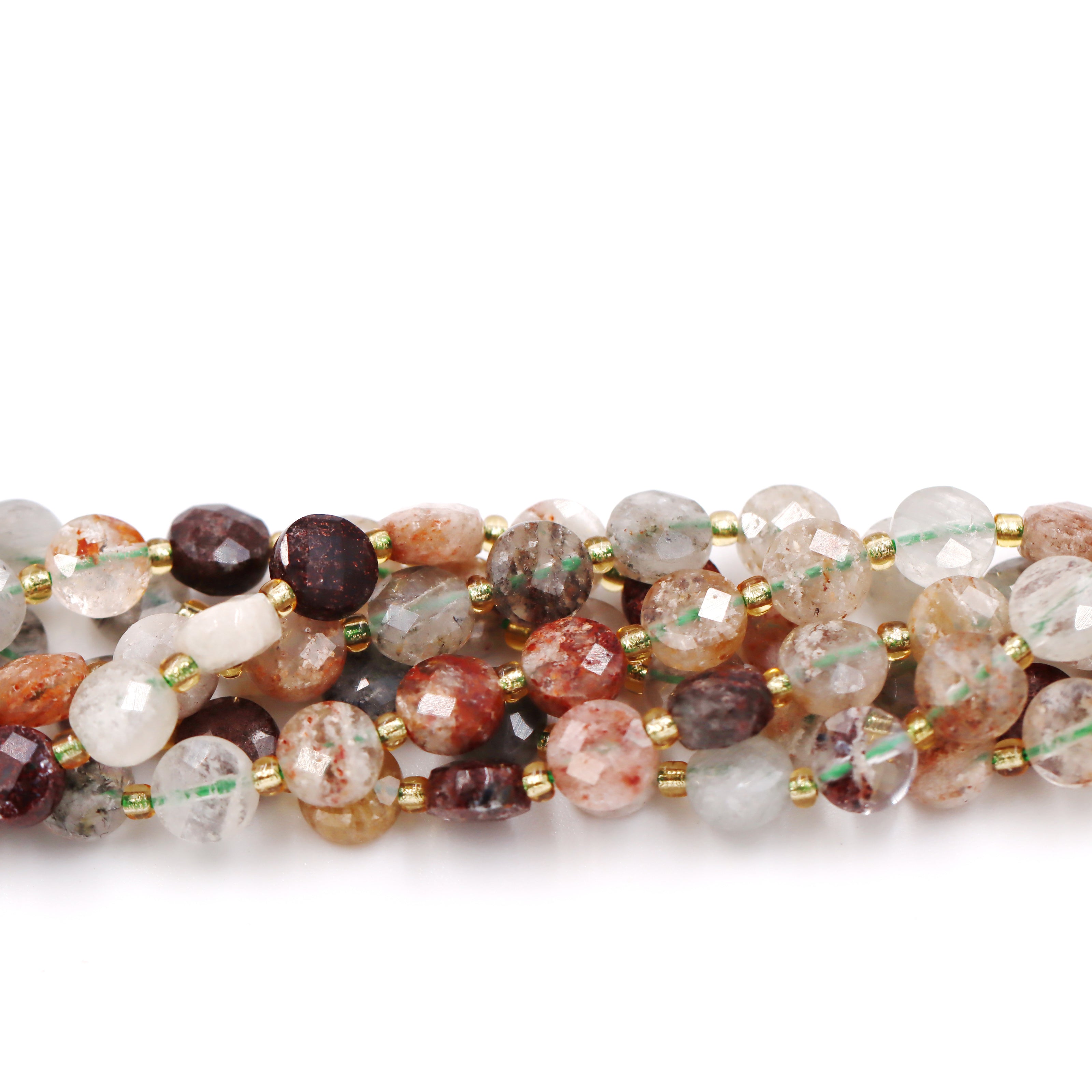 Malahill faceted flat round stone beads for jewelry making, sold per bag 5 strands inside, Phantom Quartz beads