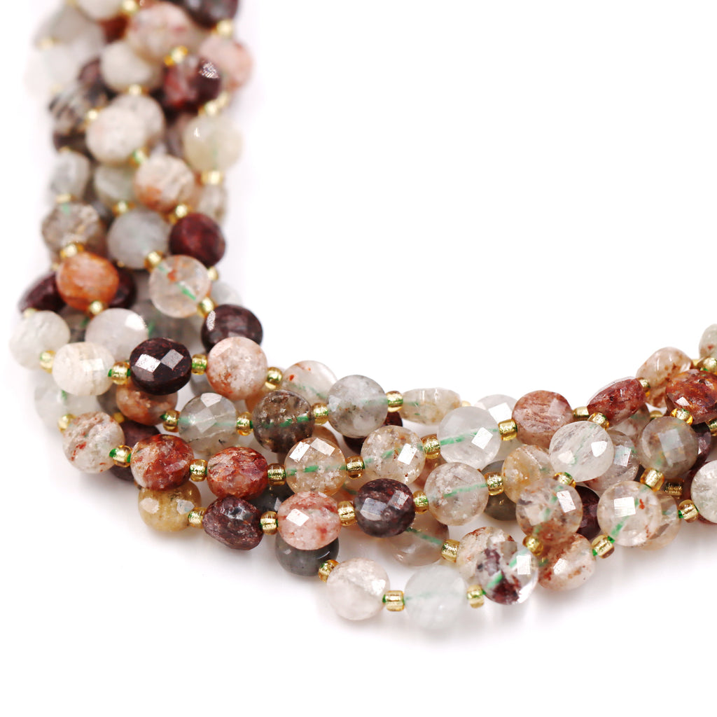 Malahill faceted flat round stone beads for jewelry making, sold per bag 5 strands inside, Phantom Quartz beads