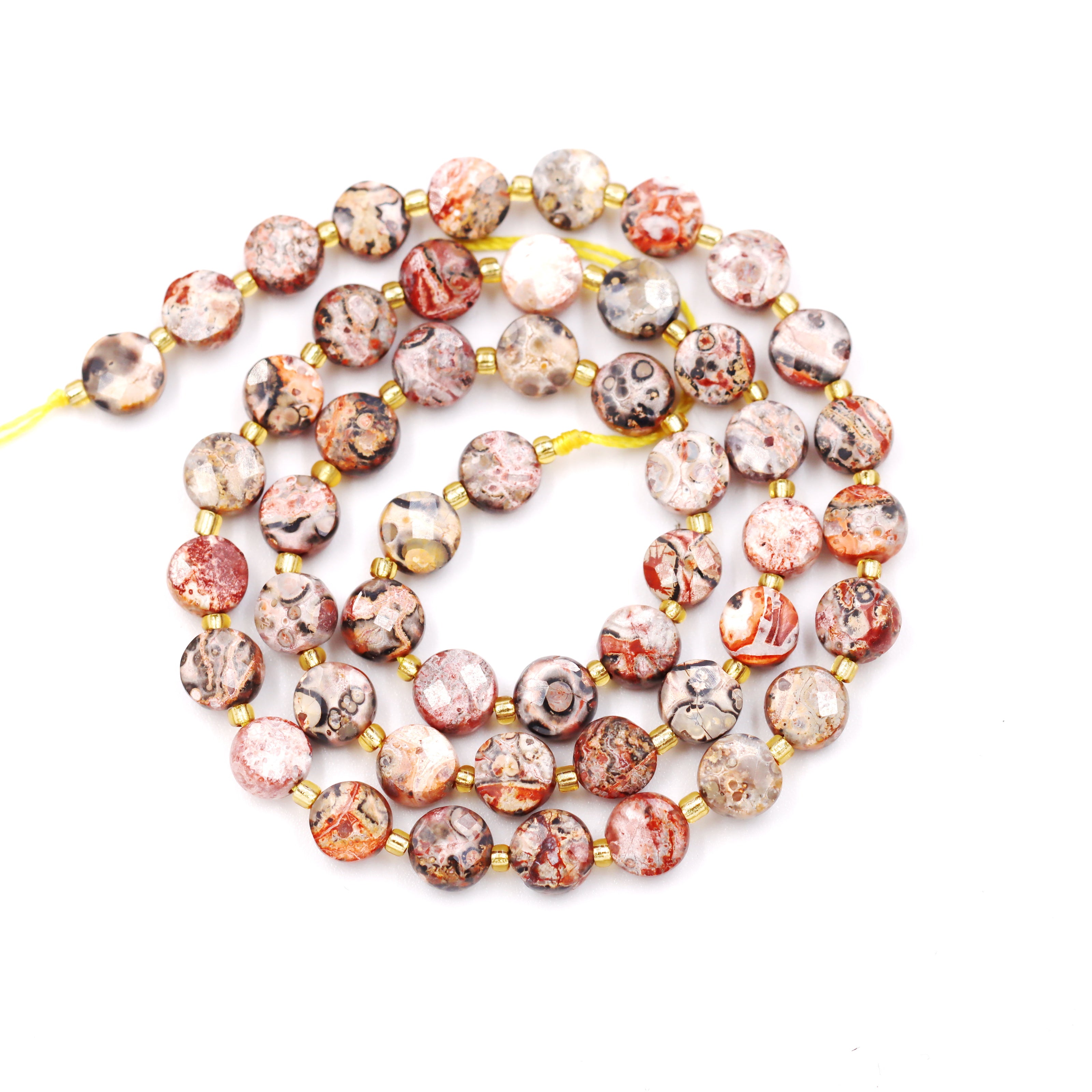 Malahill faceted flat round stone beads for jewelry making, sold per bag 5 strands inside, Leopard Skin Jasper beads