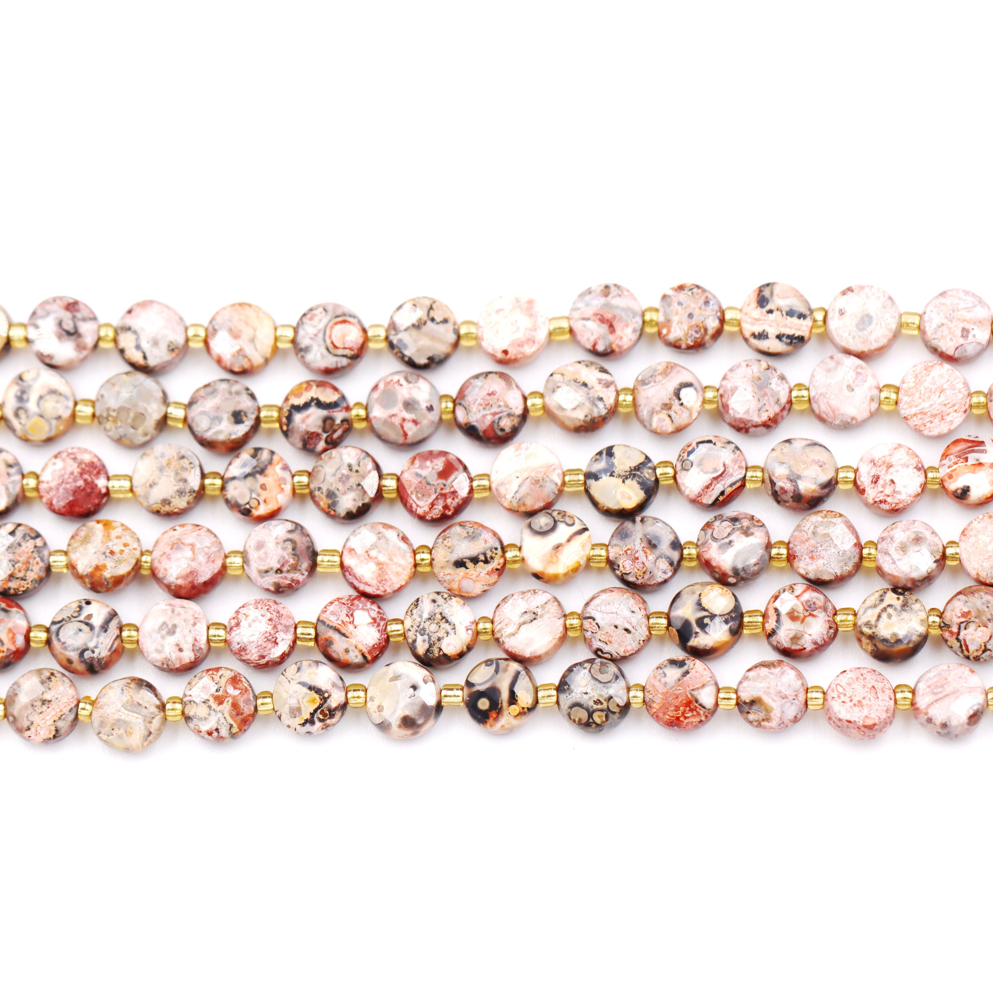 Malahill faceted flat round stone beads for jewelry making, sold per bag 5 strands inside, Leopard Skin Jasper beads