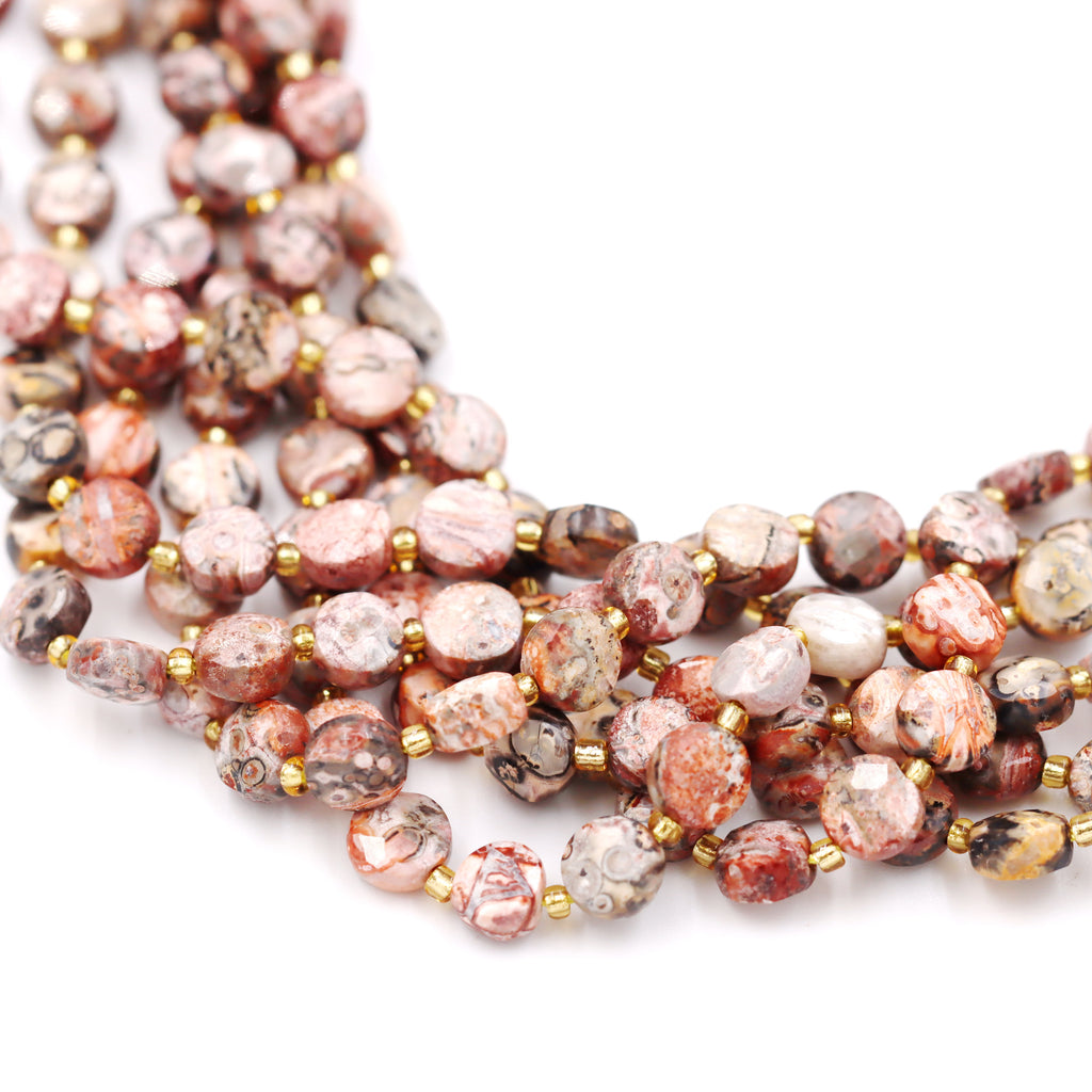 Malahill faceted flat round stone beads for jewelry making, sold per bag 5 strands inside, Leopard Skin Jasper beads