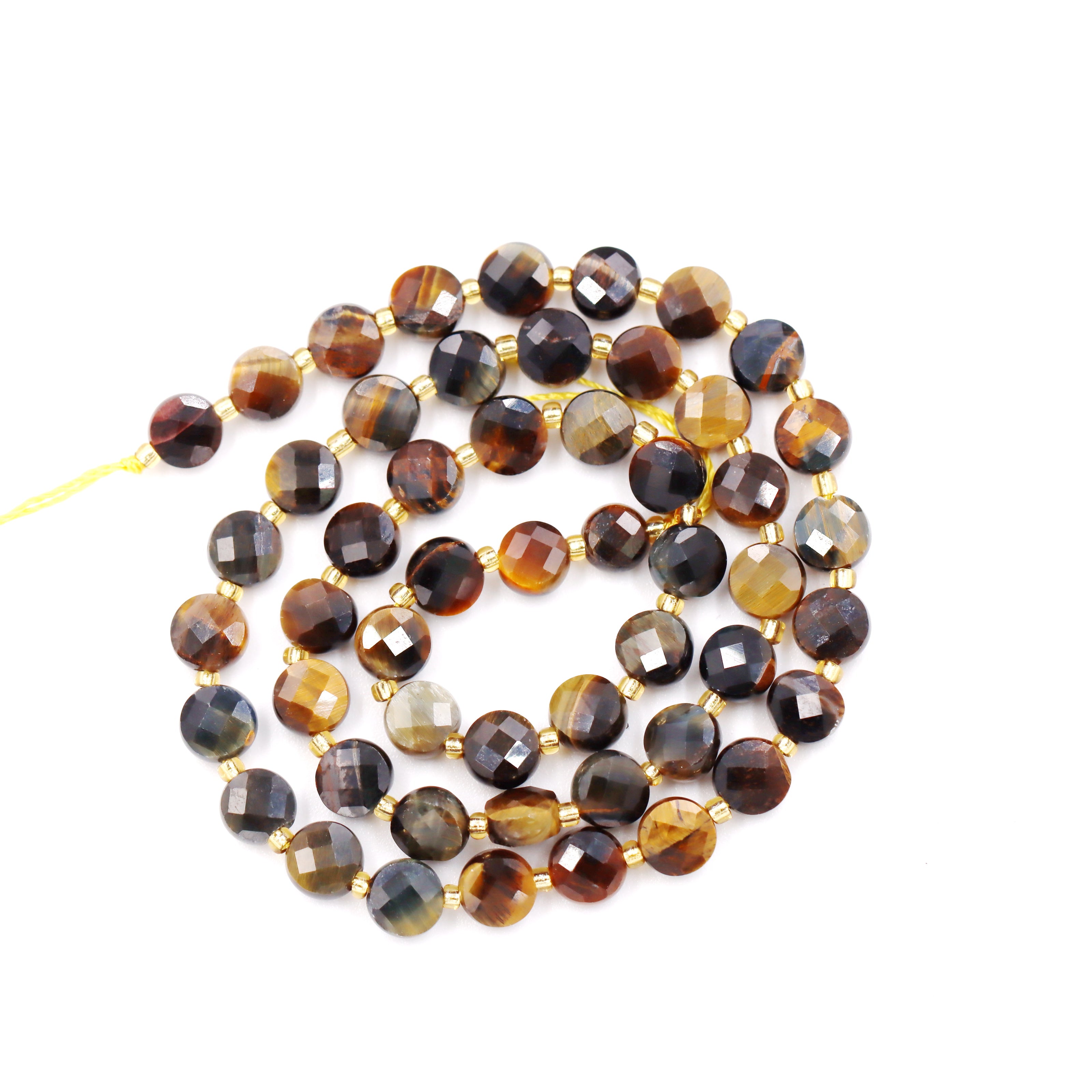 Malahill faceted flat round stone beads for jewelry making, sold per bag 5 strands inside, Dark Tiger's Eye beads
