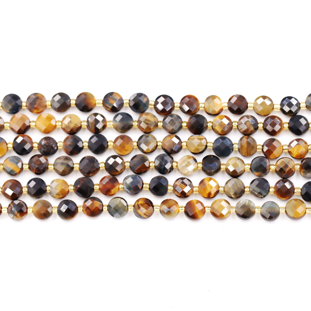 Malahill faceted flat round stone beads for jewelry making, sold per bag 5 strands inside, Dark Tiger's Eye beads