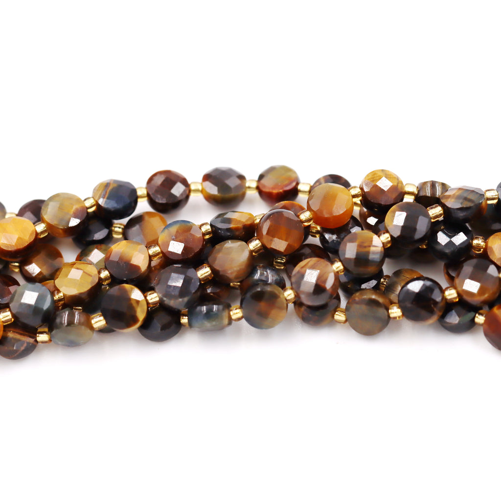Malahill faceted flat round stone beads for jewelry making, sold per bag 5 strands inside, Dark Tiger's Eye beads