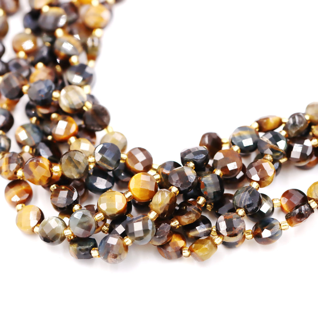 Malahill faceted flat round stone beads for jewelry making, sold per bag 5 strands inside, Dark Tiger's Eye beads