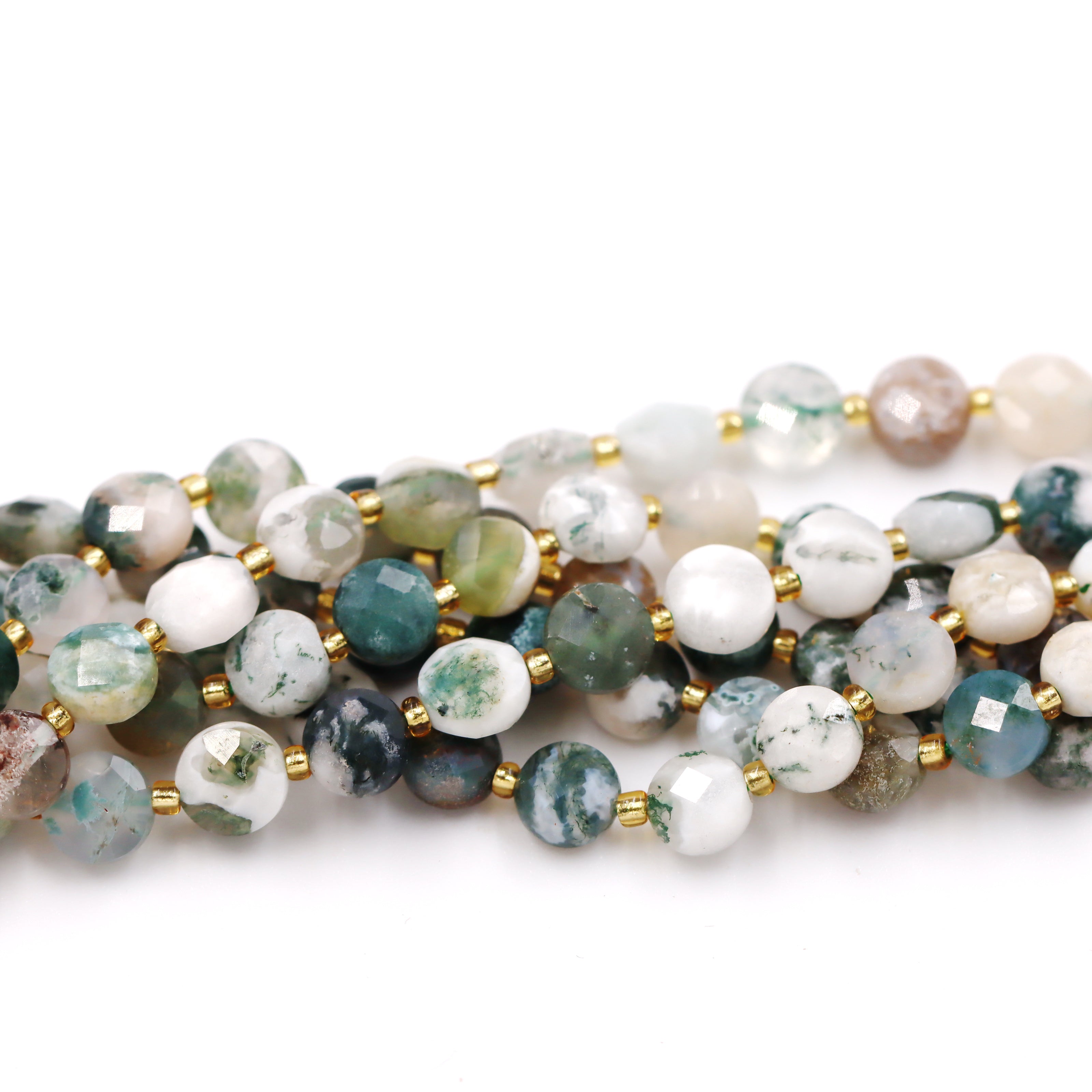 Malahill faceted flat round stone beads for jewelry making, sold per bag 5 strands inside, Tree Agate beads