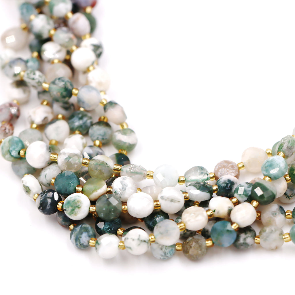 Malahill faceted flat round stone beads for jewelry making, sold per bag 5 strands inside, Tree Agate beads