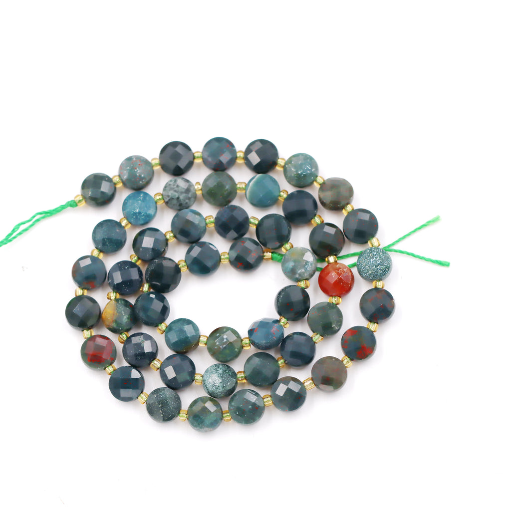 Malahill faceted flat round stone beads for jewelry making, sold per bag 5 strands inside, Bloodstone beads