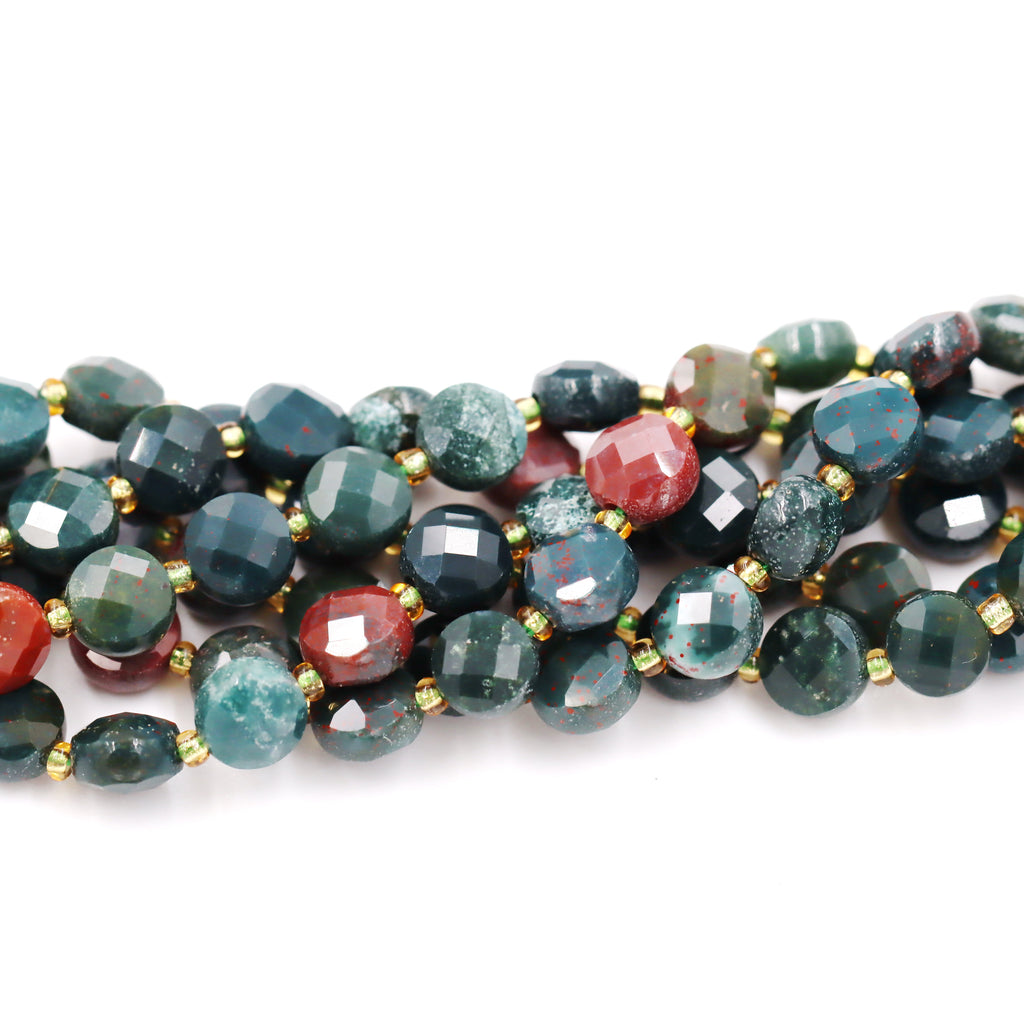 Malahill faceted flat round stone beads for jewelry making, sold per bag 5 strands inside, Bloodstone beads