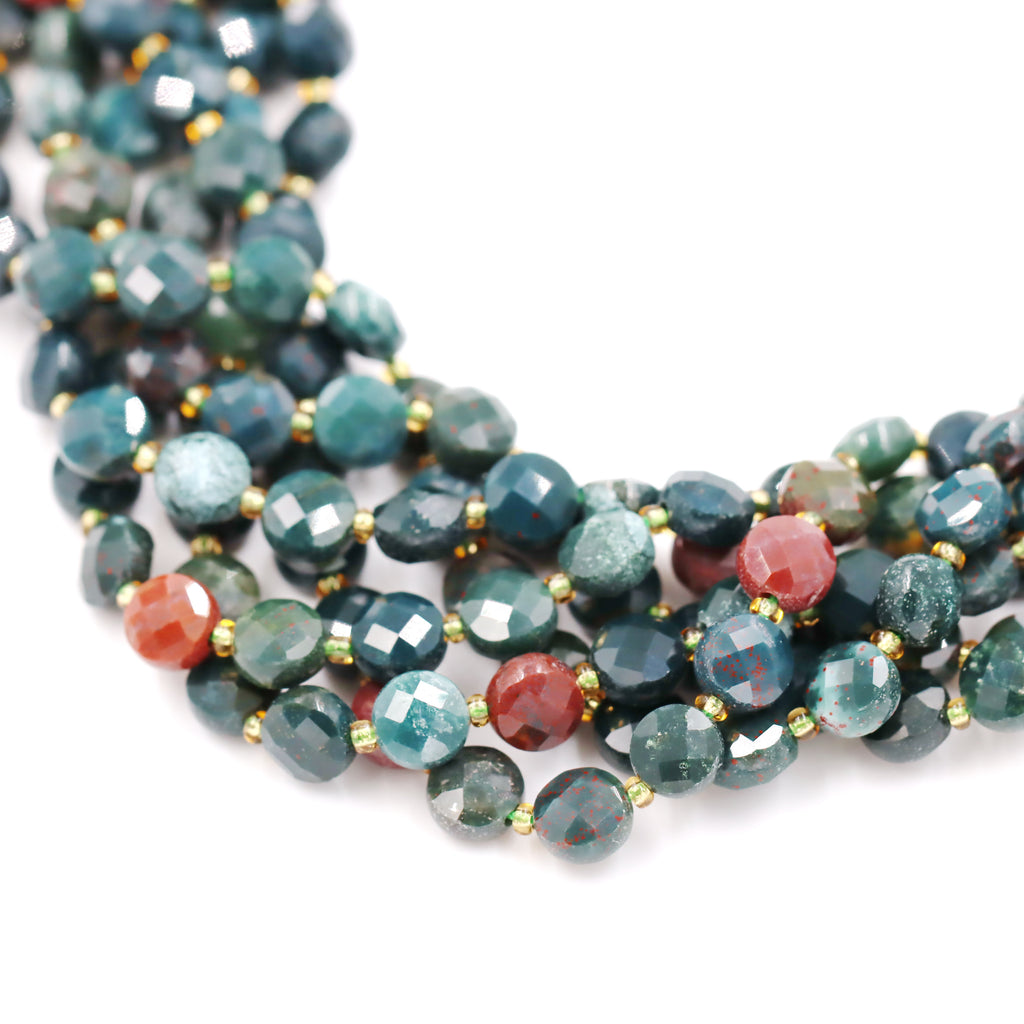 Malahill faceted flat round stone beads for jewelry making, sold per bag 5 strands inside, Bloodstone beads