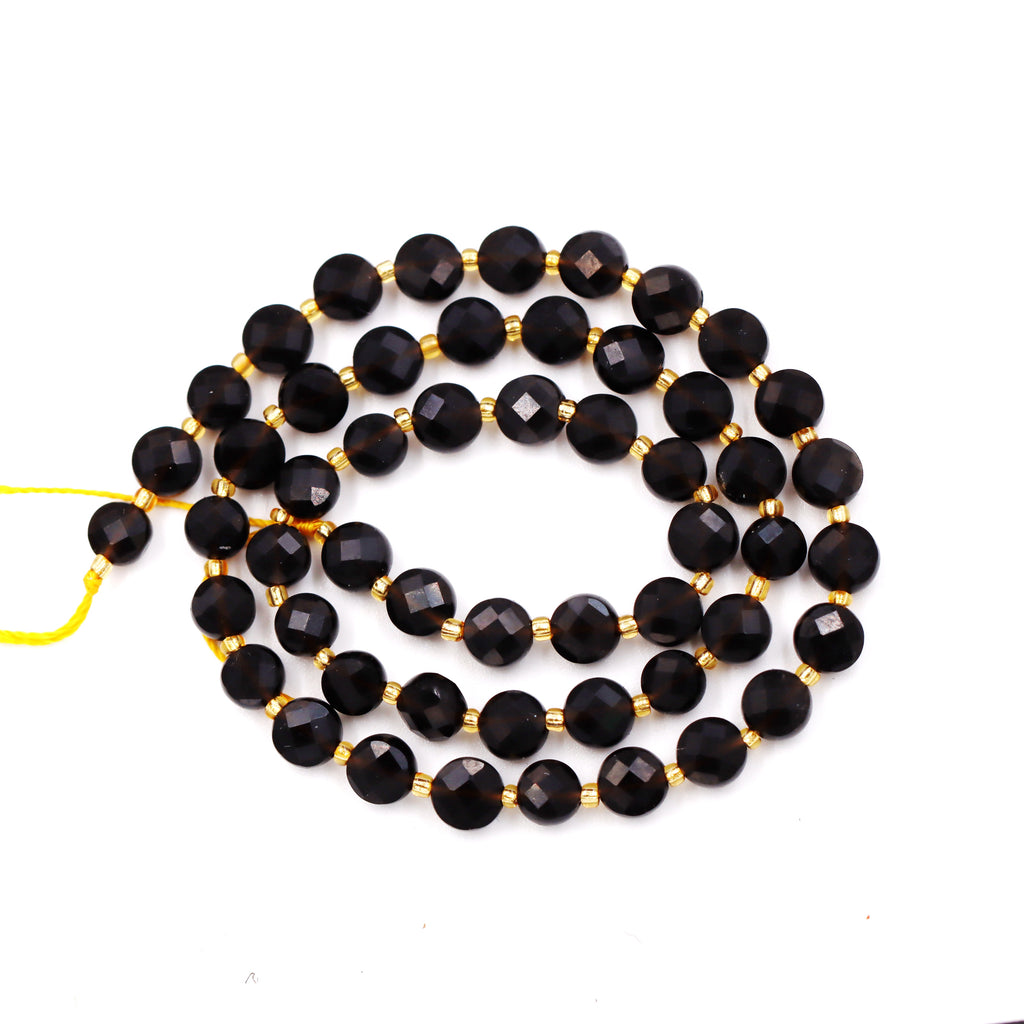 Malahill faceted flat round stone beads for jewelry making, sold per bag 5 strands inside, Onyx beads
