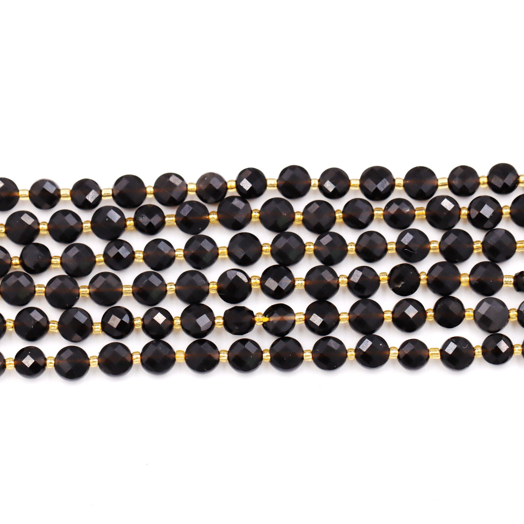 Malahill faceted flat round stone beads for jewelry making, sold per bag 5 strands inside, Onyx beads