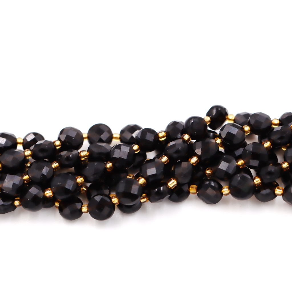 Malahill faceted flat round stone beads for jewelry making, sold per bag 5 strands inside, Onyx beads
