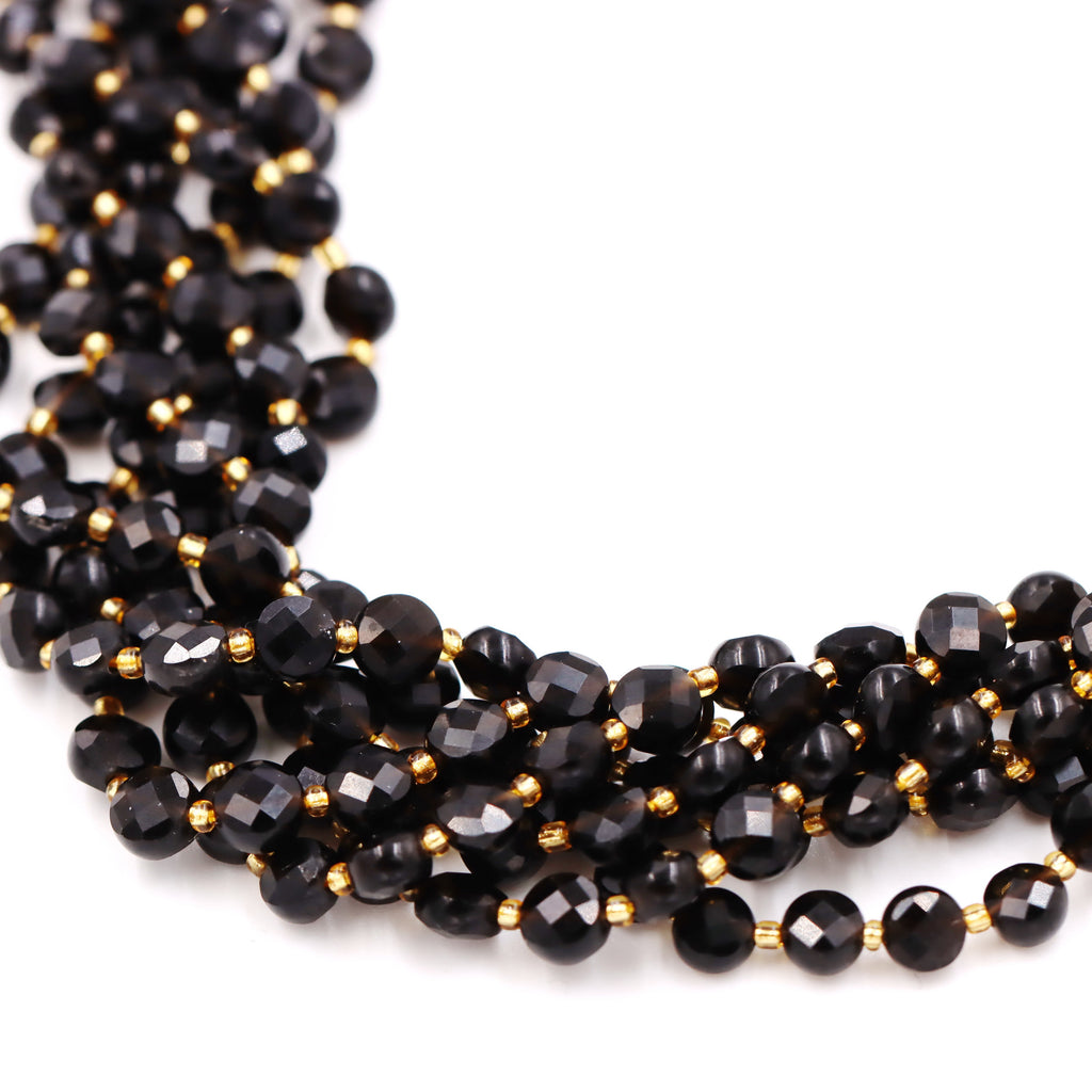 Malahill faceted flat round stone beads for jewelry making, sold per bag 5 strands inside, Onyx beads