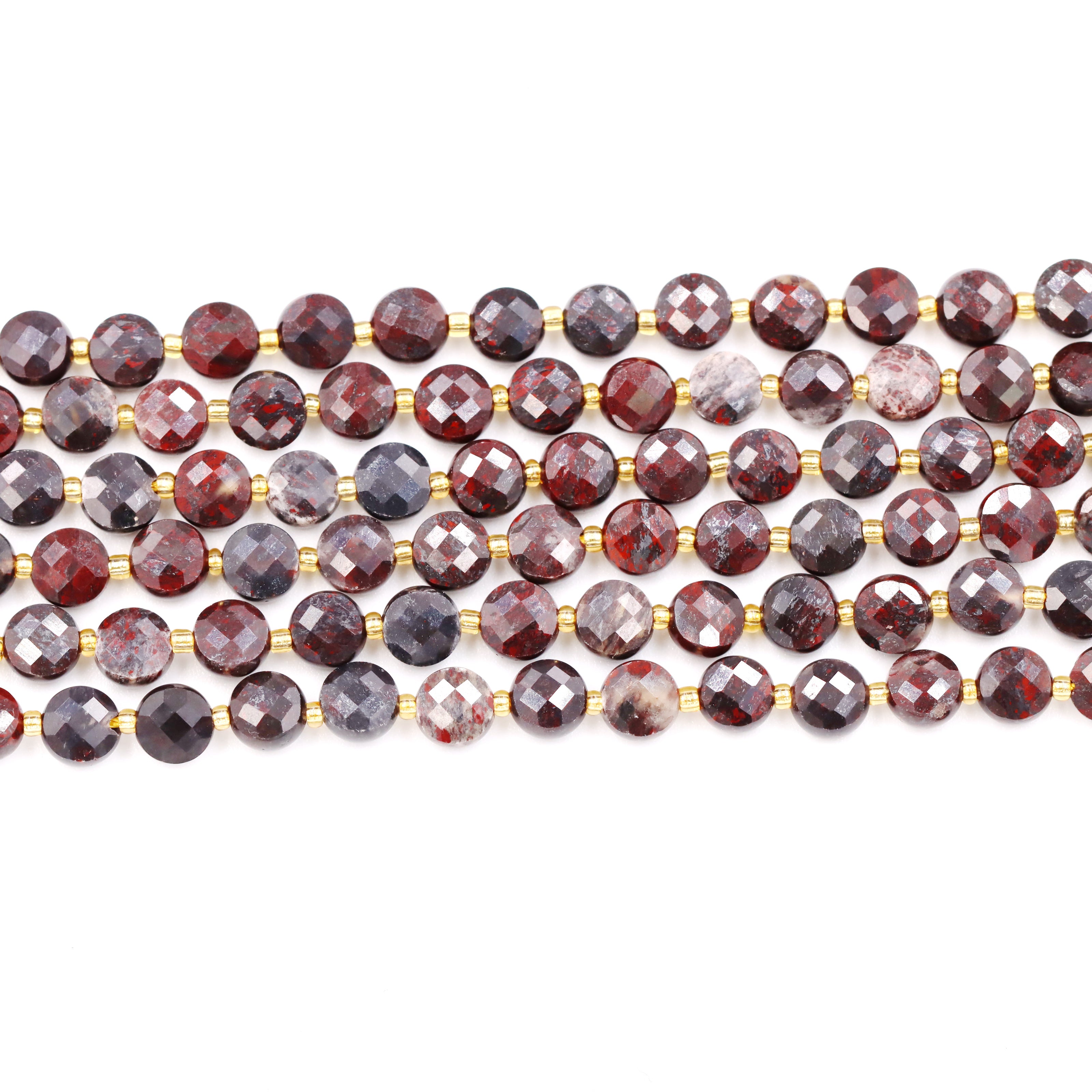 Malahill faceted flat round stone beads for jewelry making, sold per bag 5 strands inside, Poppy Jasper beads