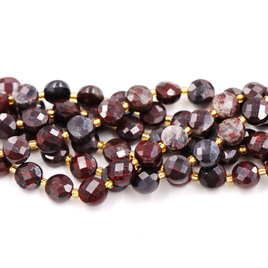Malahill faceted flat round stone beads for jewelry making, sold per bag 5 strands inside, Poppy Jasper beads